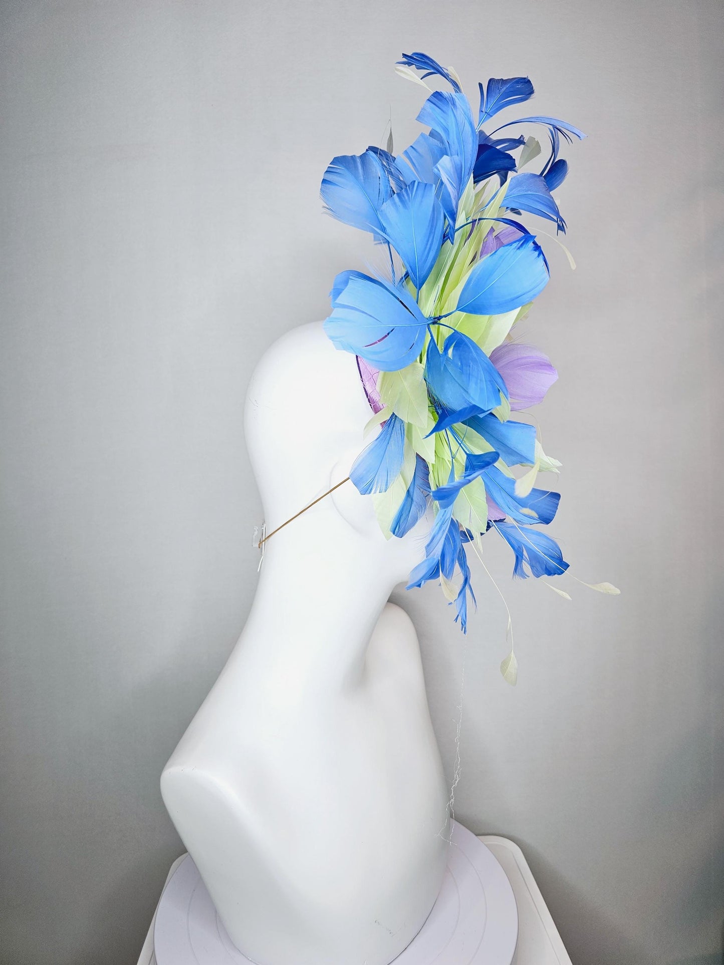 kentucky derby hat fascinator lavender satin with netting iridescent blue crystal rhinestones green light yellow cobalt blue purple feathers