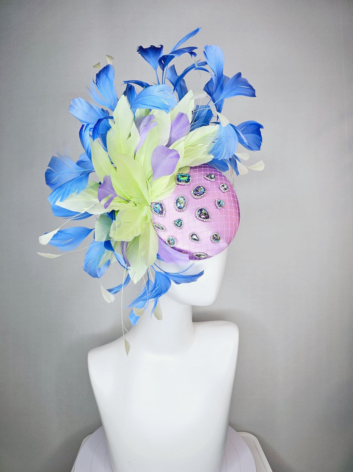 kentucky derby hat fascinator lavender satin with netting iridescent blue crystal rhinestones green light yellow cobalt blue purple feathers