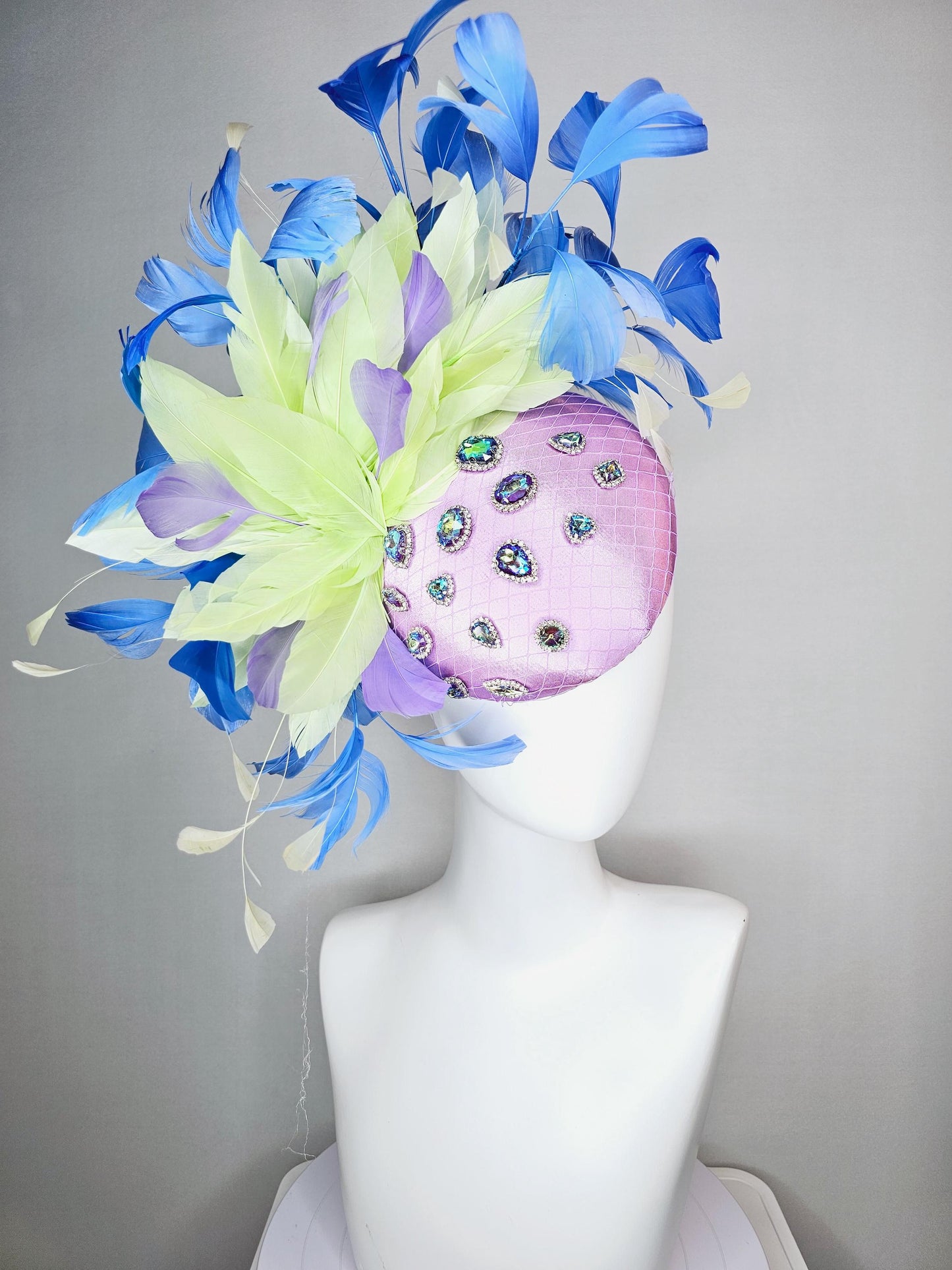 kentucky derby hat fascinator lavender satin with netting iridescent blue crystal rhinestones green light yellow cobalt blue purple feathers