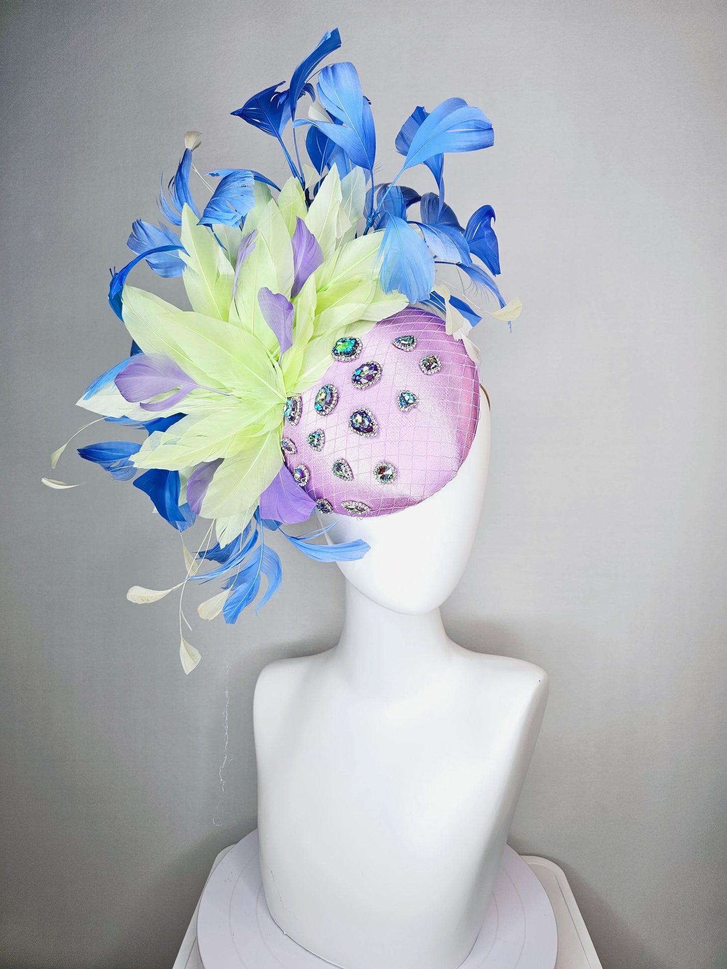 kentucky derby hat fascinator lavender satin with netting iridescent blue crystal rhinestones green light yellow cobalt blue purple feathers
