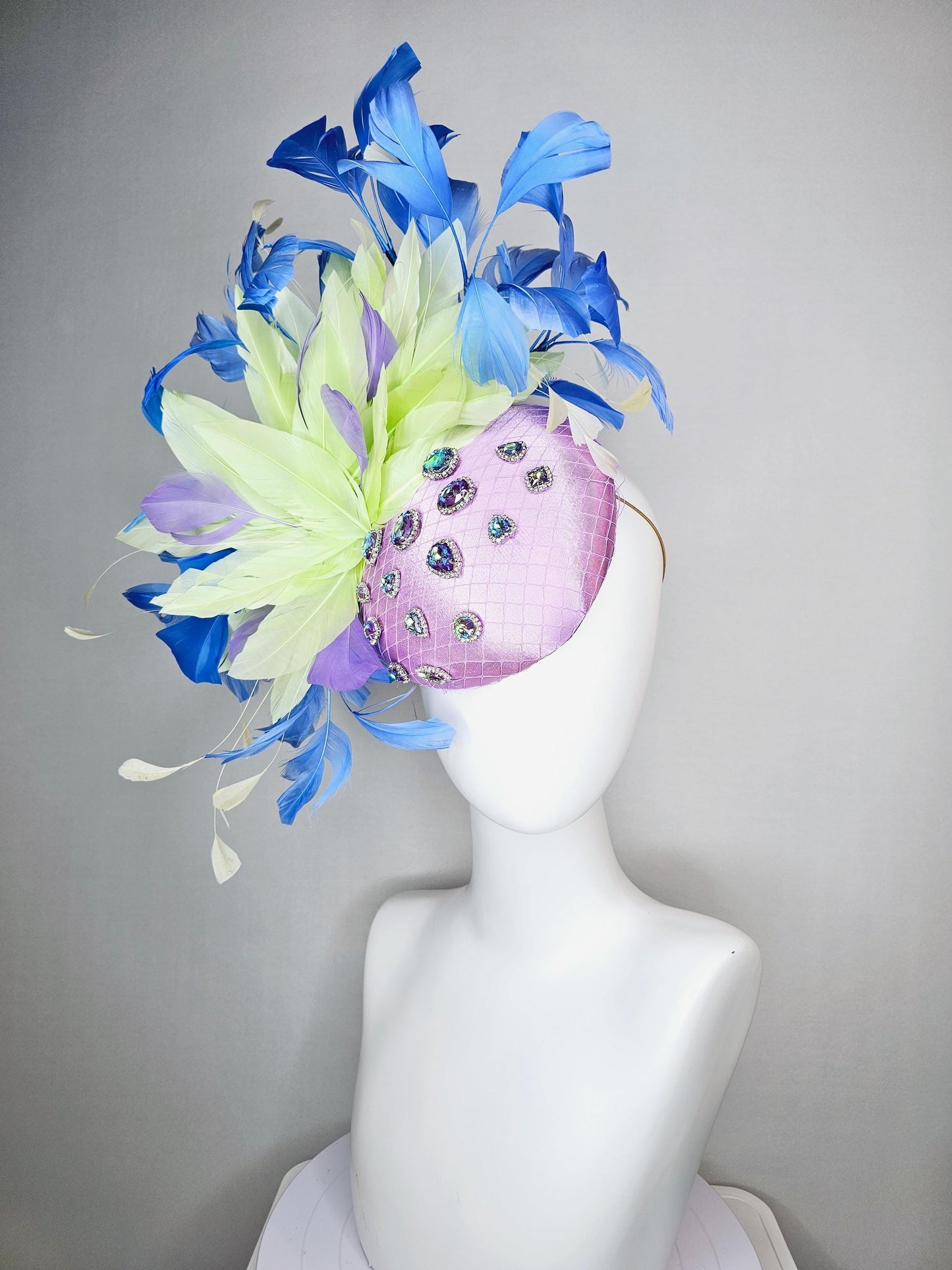 kentucky derby hat fascinator lavender satin with netting iridescent blue crystal rhinestones green light yellow cobalt blue purple feathers