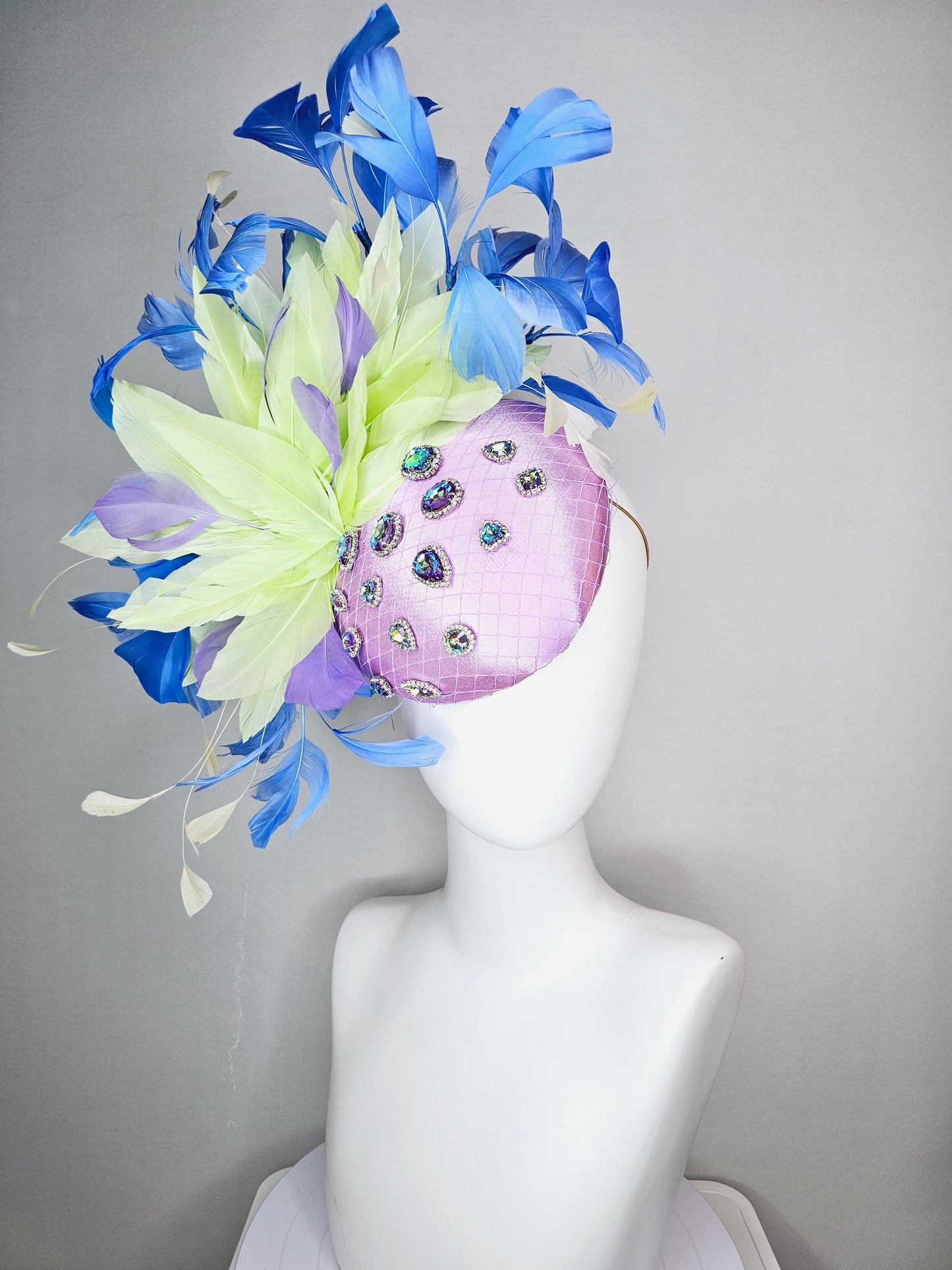 kentucky derby hat fascinator lavender satin with netting iridescent blue crystal rhinestones green light yellow cobalt blue purple feathers