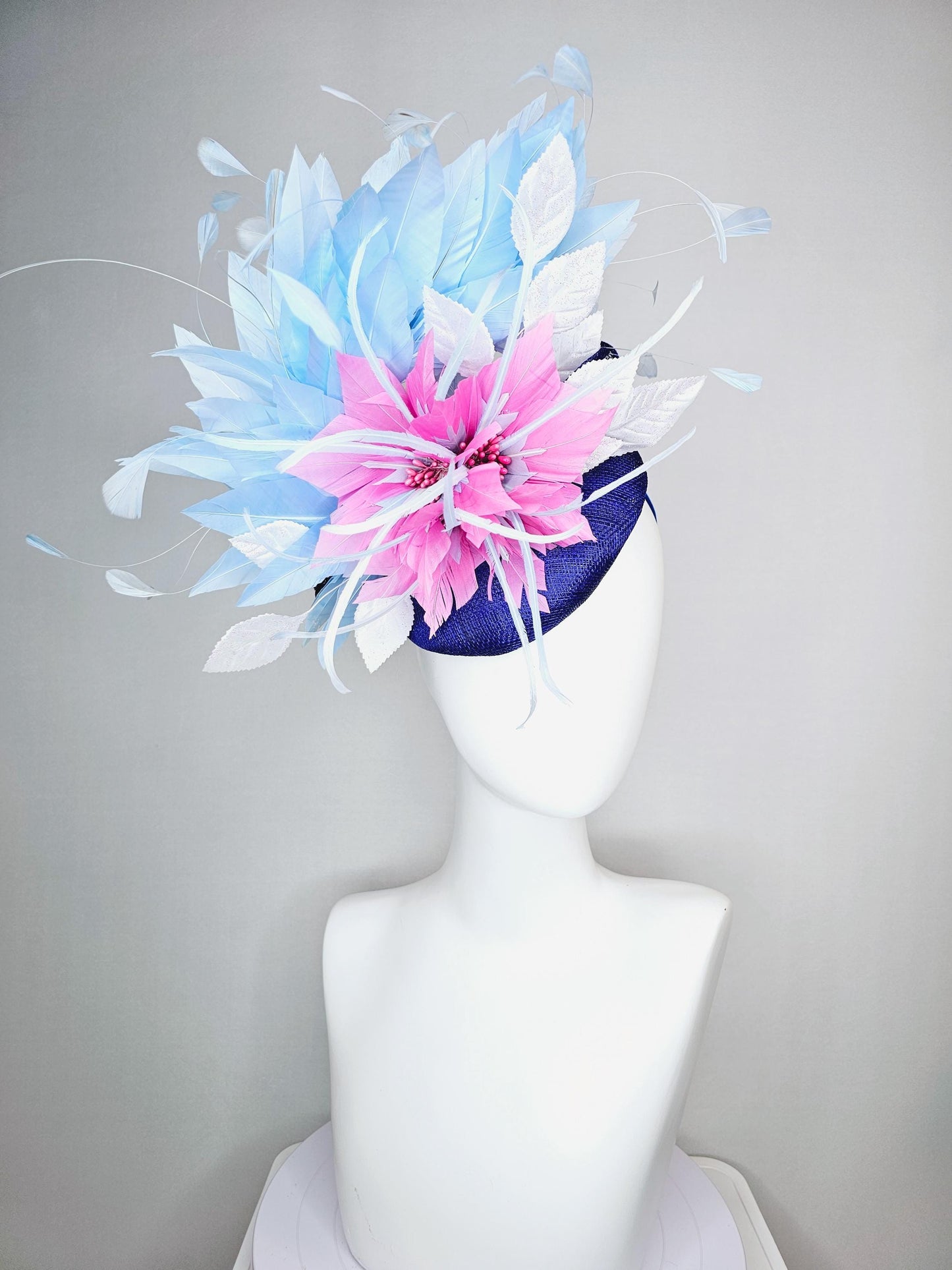 kentucky derby hat fascinator royal blue sinamay with blush pink feather flower and white leaves light baby blue branching feathers