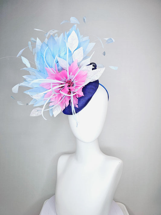 kentucky derby hat fascinator royal blue sinamay with blush pink feather flower and white leaves light baby blue branching feathers