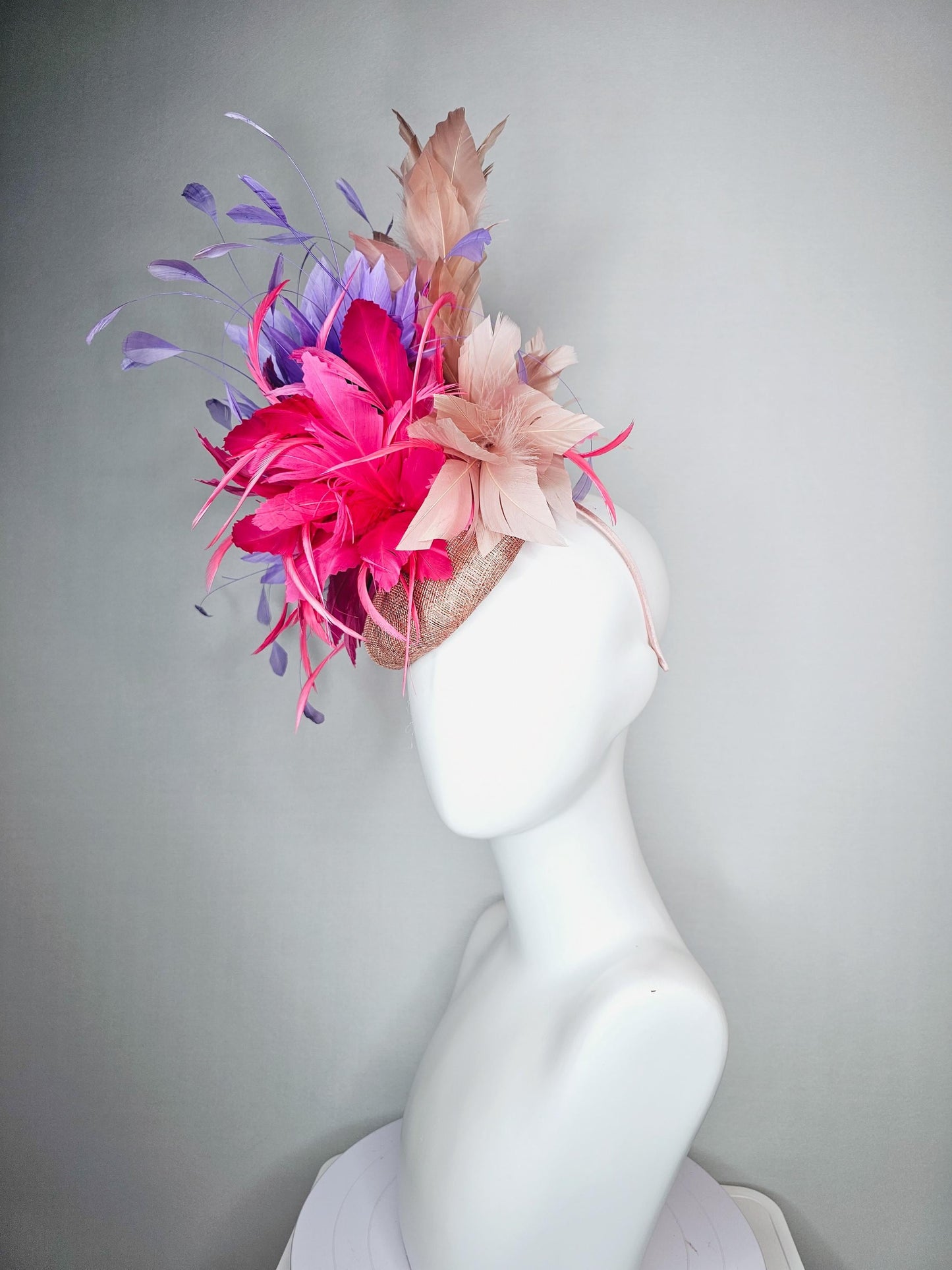 kentucky derby hat fascinator neutral champagne sinamay with pink feather flower and lavender purple branching feathers