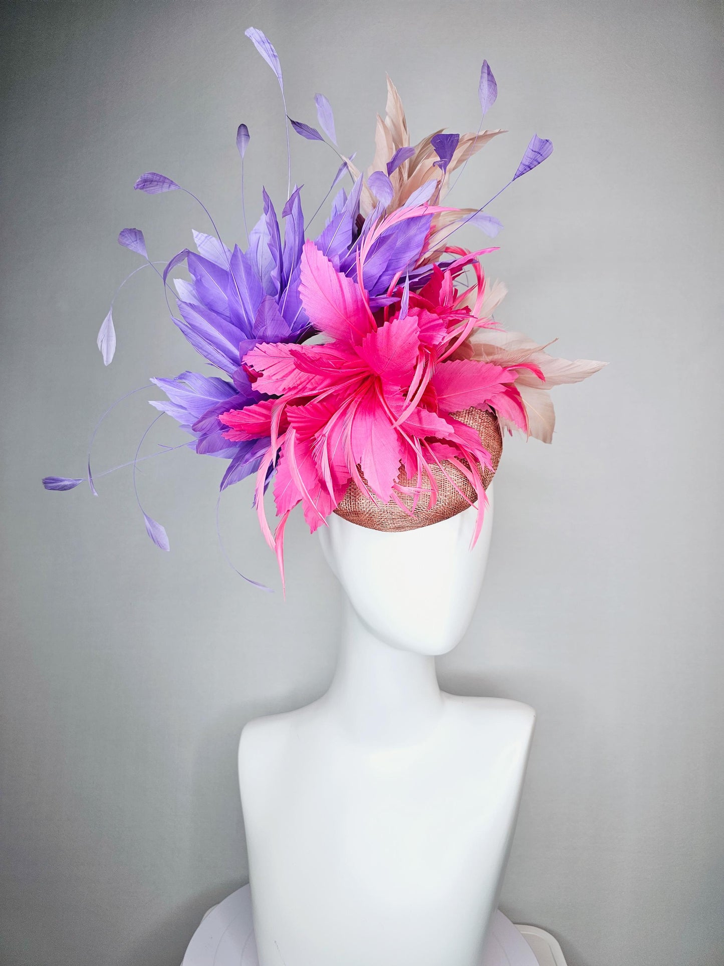 kentucky derby hat fascinator neutral champagne sinamay with pink feather flower and lavender purple branching feathers