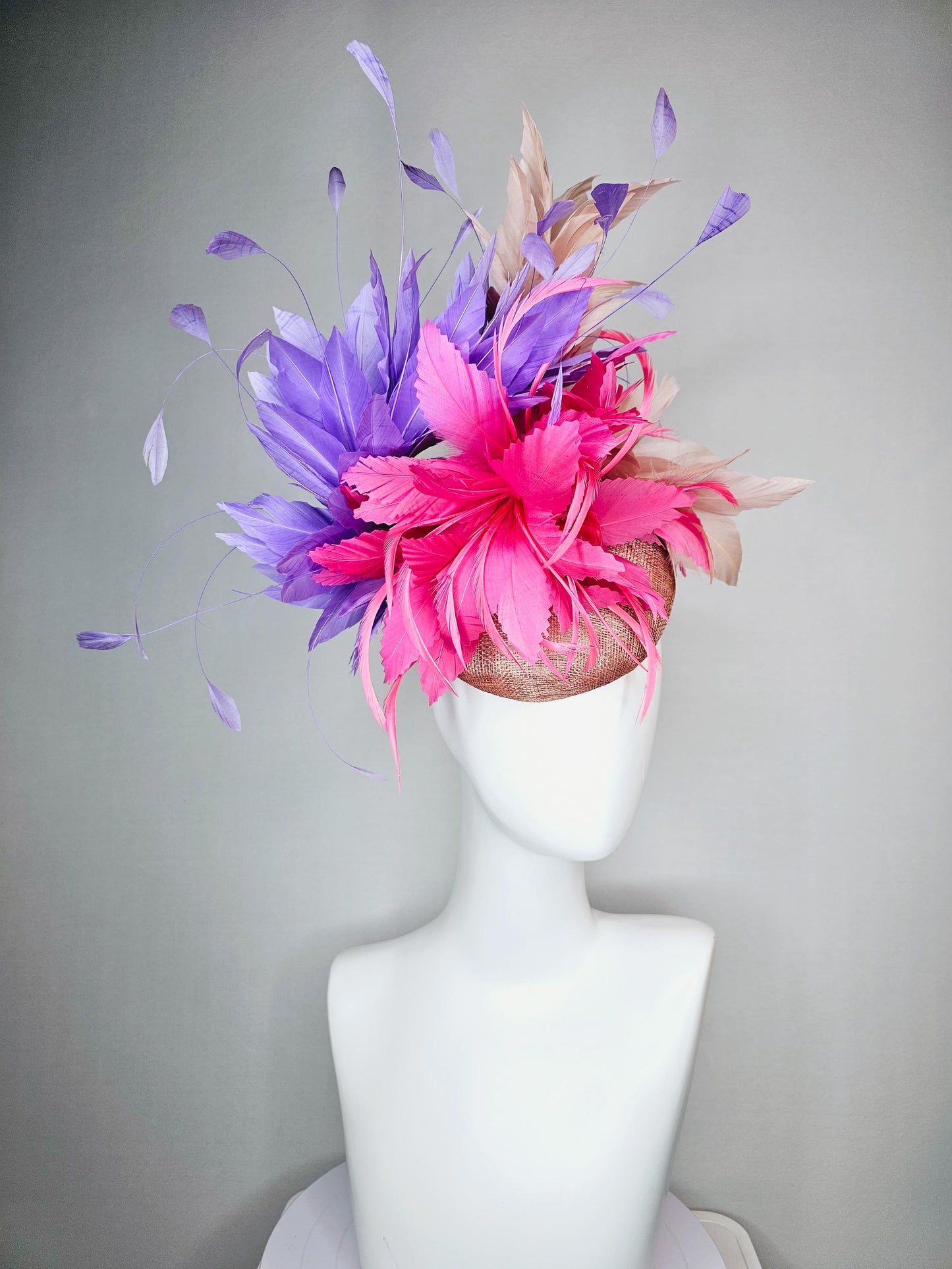 kentucky derby hat fascinator neutral champagne sinamay with pink feather flower and lavender purple branching feathers