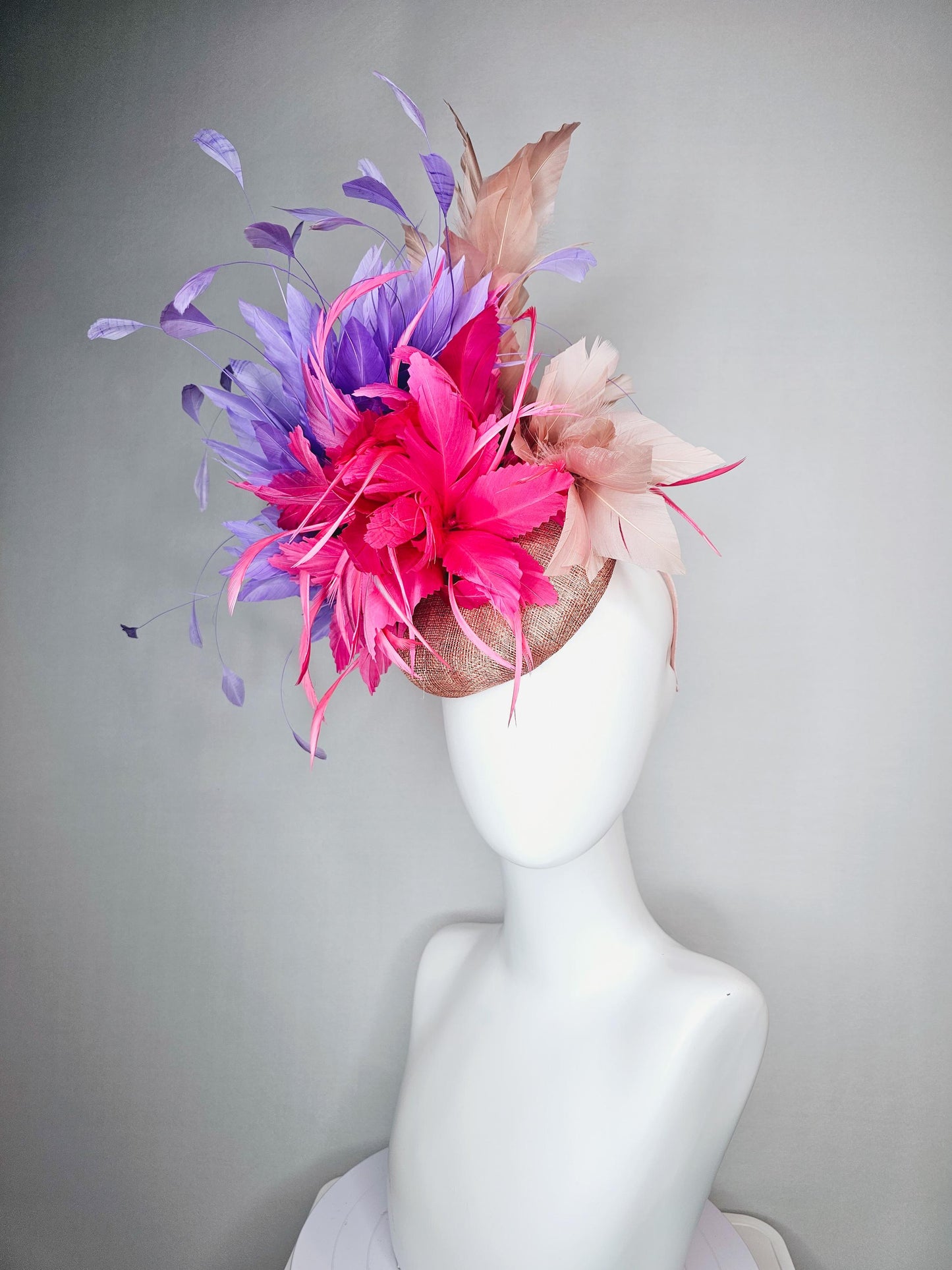 kentucky derby hat fascinator neutral champagne sinamay with pink feather flower and lavender purple branching feathers