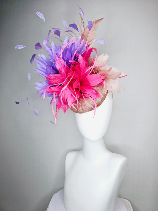 kentucky derby hat fascinator neutral champagne sinamay with pink feather flower and lavender purple branching feathers