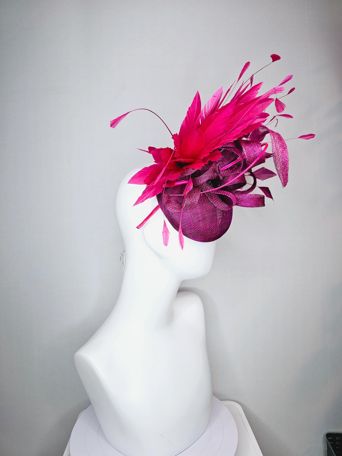 kentucky derby hat fascinator magenta purple sinamay with magenta purple sinamay curls and bright pink branching feathers