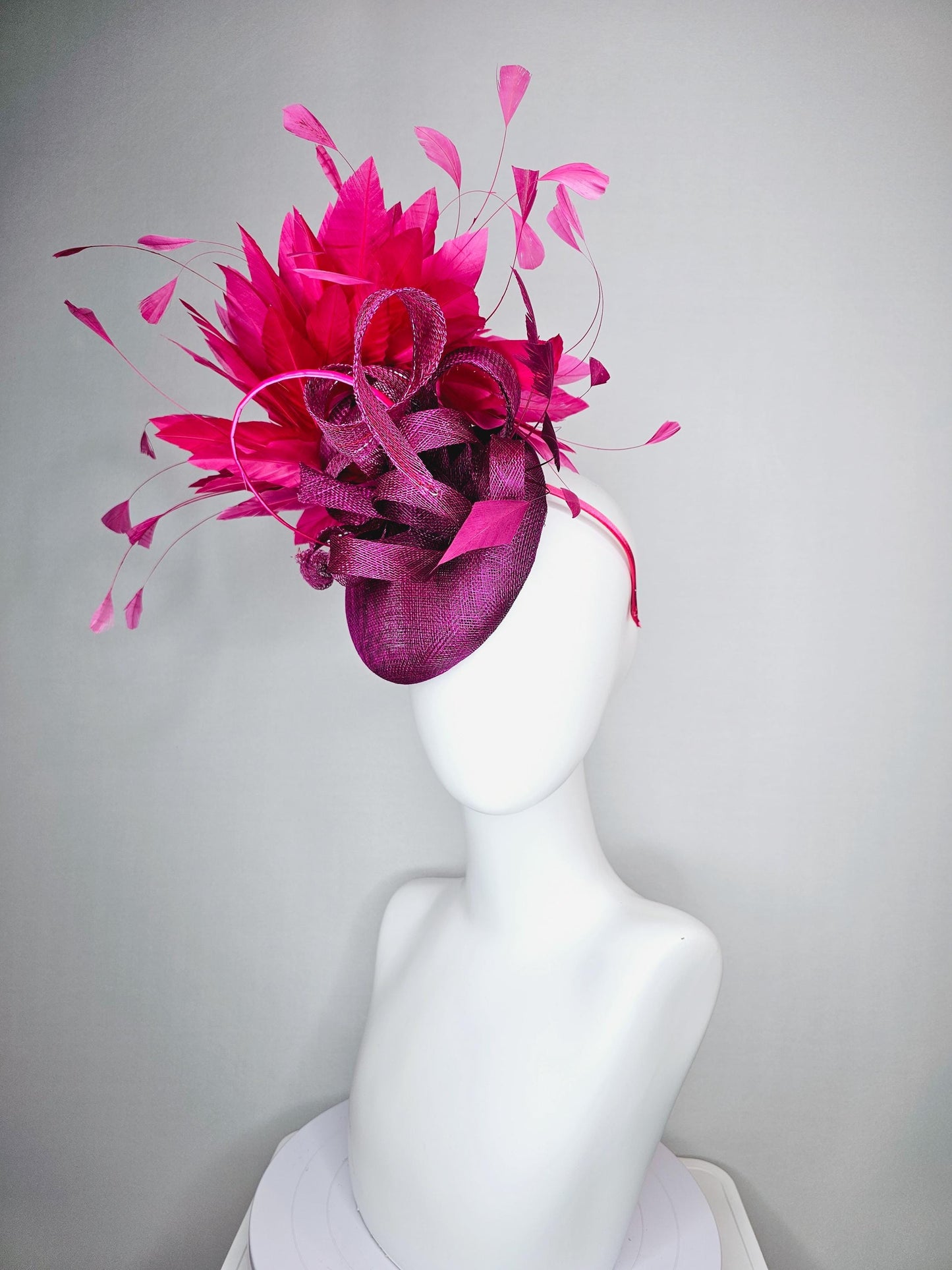 kentucky derby hat fascinator magenta purple sinamay with magenta purple sinamay curls and bright pink branching feathers