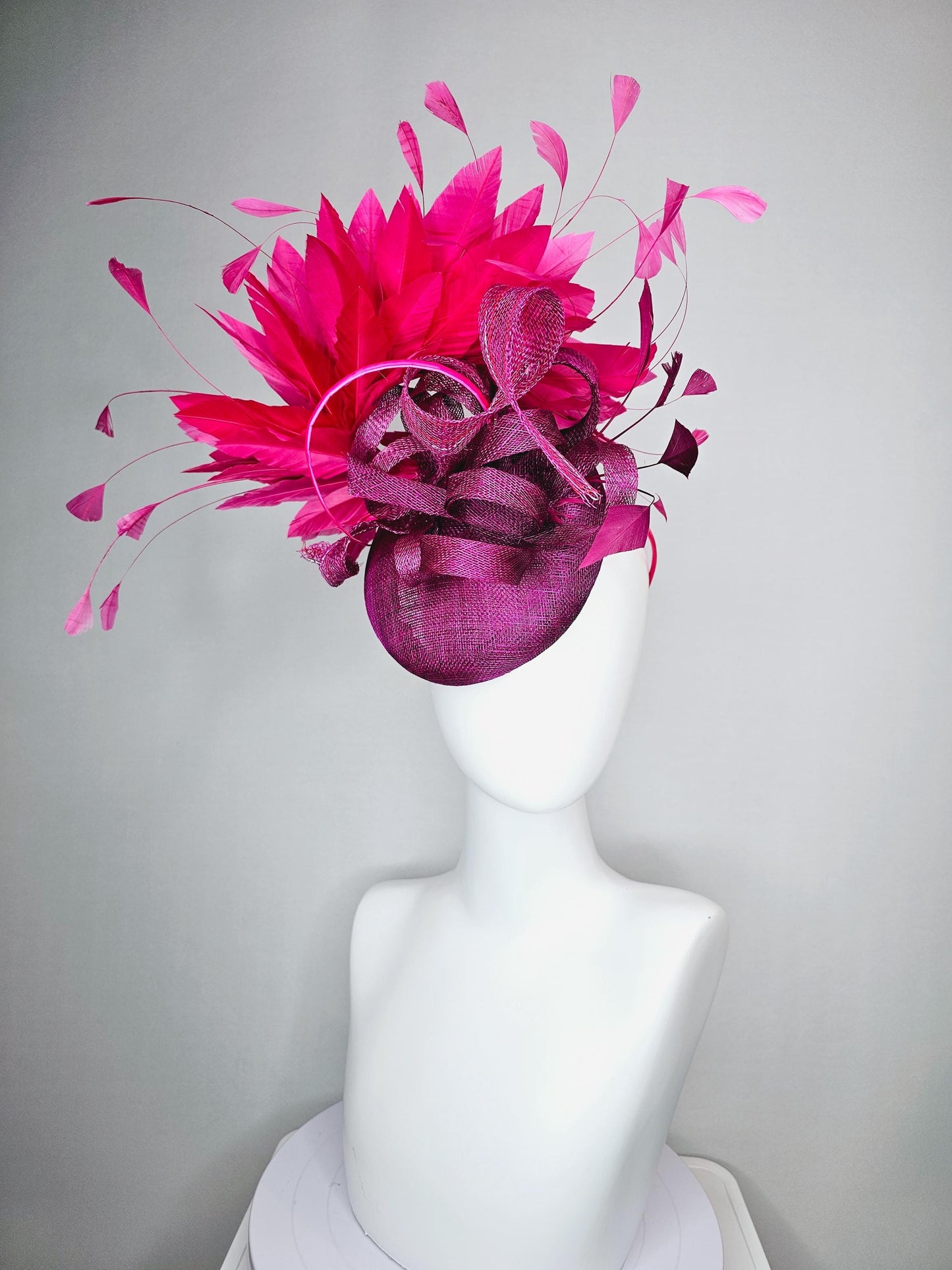 kentucky derby hat fascinator magenta purple sinamay with magenta purple sinamay curls and bright pink branching feathers