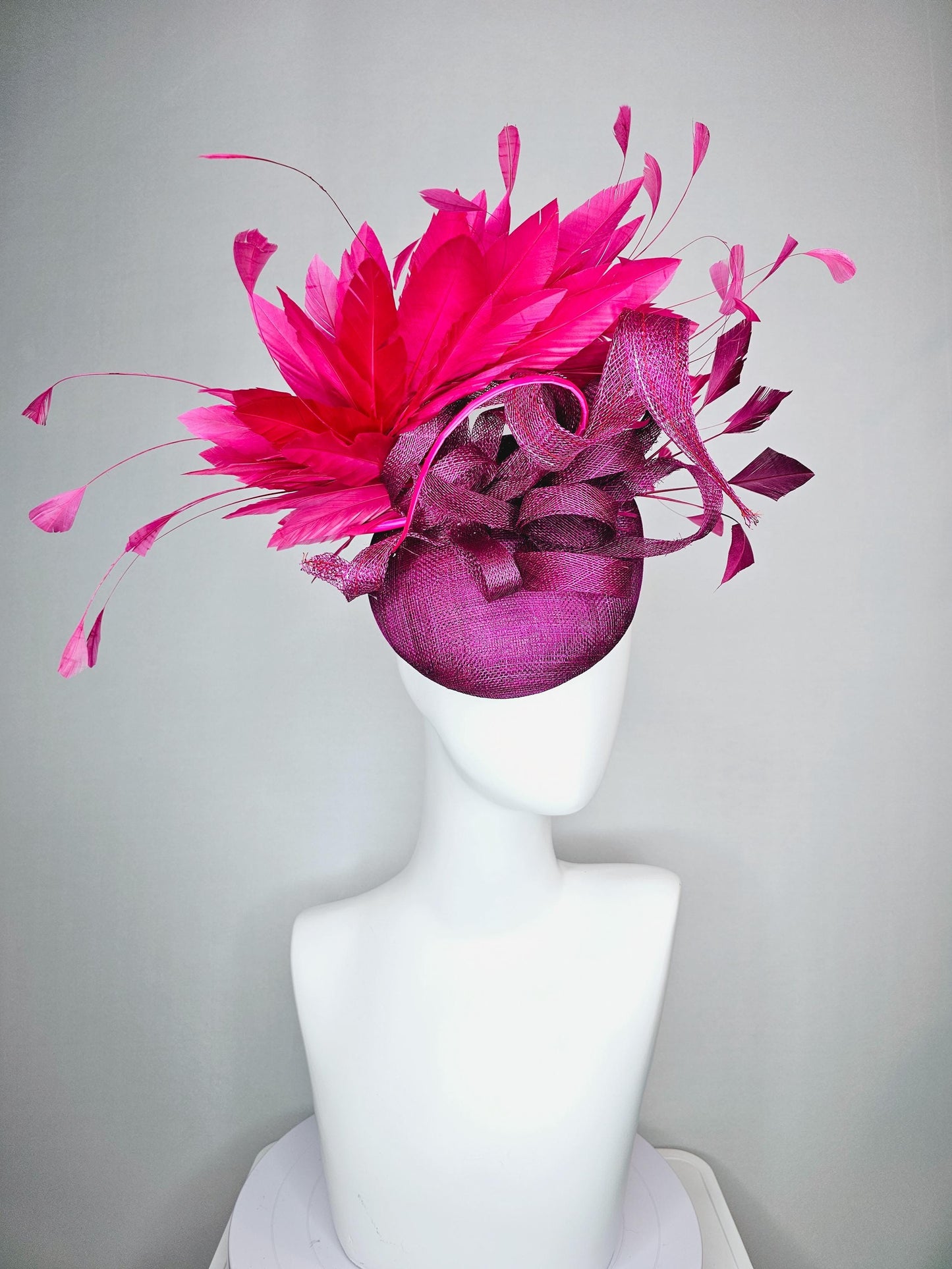 kentucky derby hat fascinator magenta purple sinamay with magenta purple sinamay curls and bright pink branching feathers
