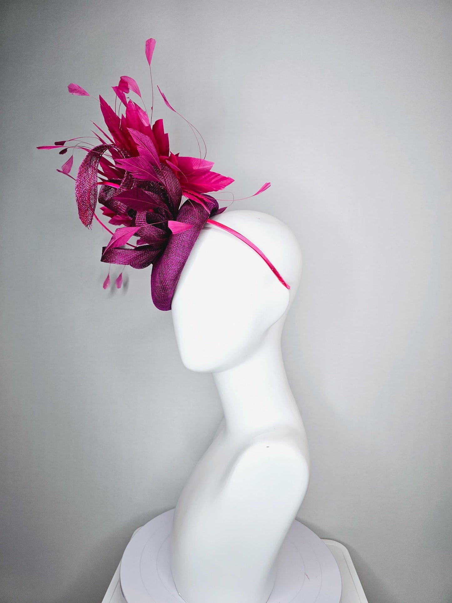 kentucky derby hat fascinator magenta purple sinamay with magenta purple sinamay curls and bright pink branching feathers