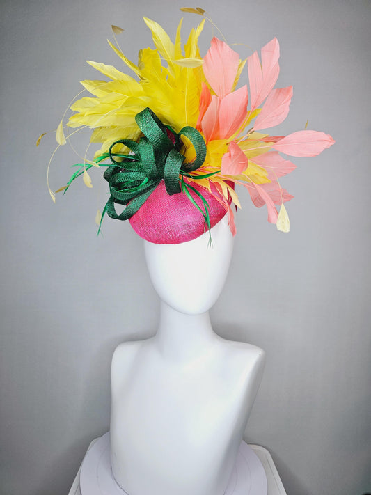 kentucky derby hat fascinator hot pink sinamay with dark green sinamay curls and yellow and peach coral branching feathers