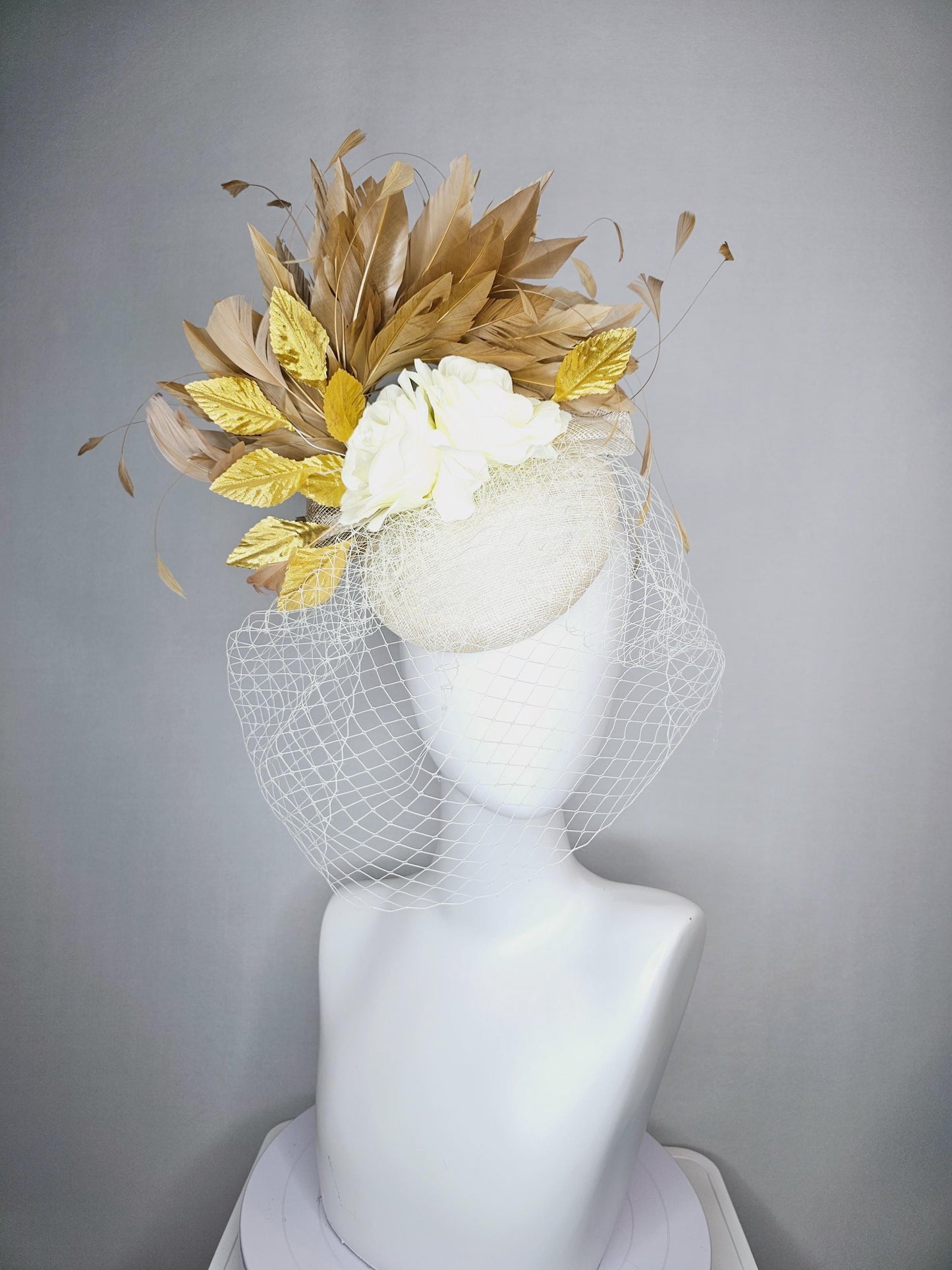kentucky derby hat fascinator white sinamay with white netting off white silk roses gold lame metallic eaves gold beige branching feathers