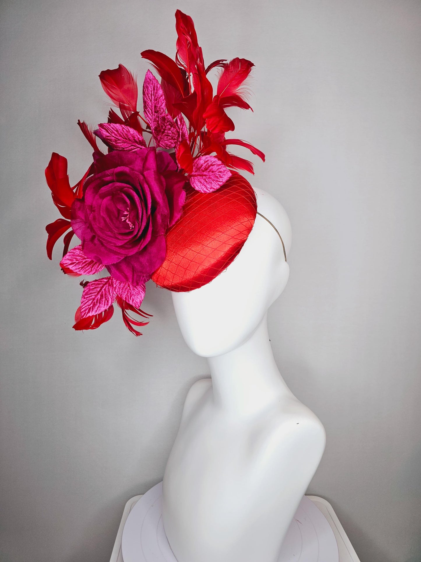 kentucky derby hat fascinator scarlet red satin,large organza silk pink rose,pink leaves,bright red branching feathers