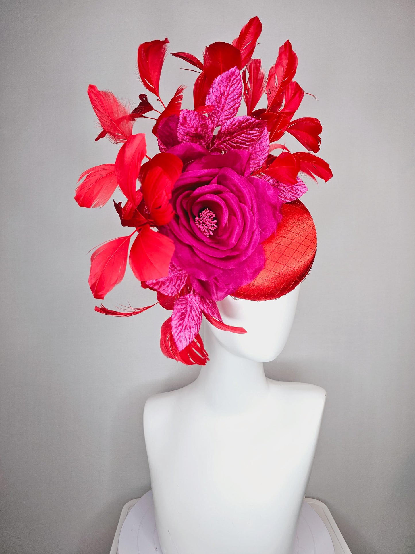 kentucky derby hat fascinator scarlet red satin,large organza silk pink rose,pink leaves,bright red branching feathers