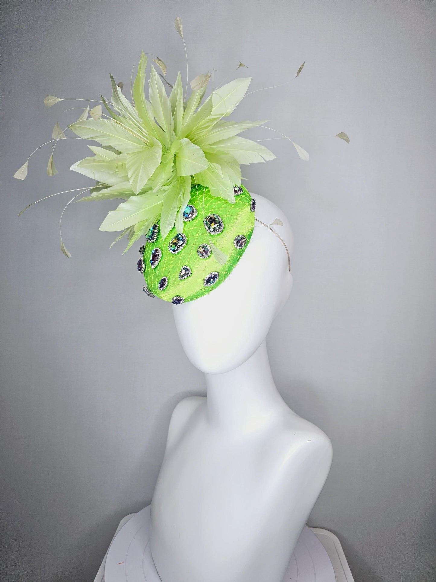 kentucky derby hat fascinator lime neon green satin with netting and green iridescent crystal rhinestone beaded fluffy light green feathers