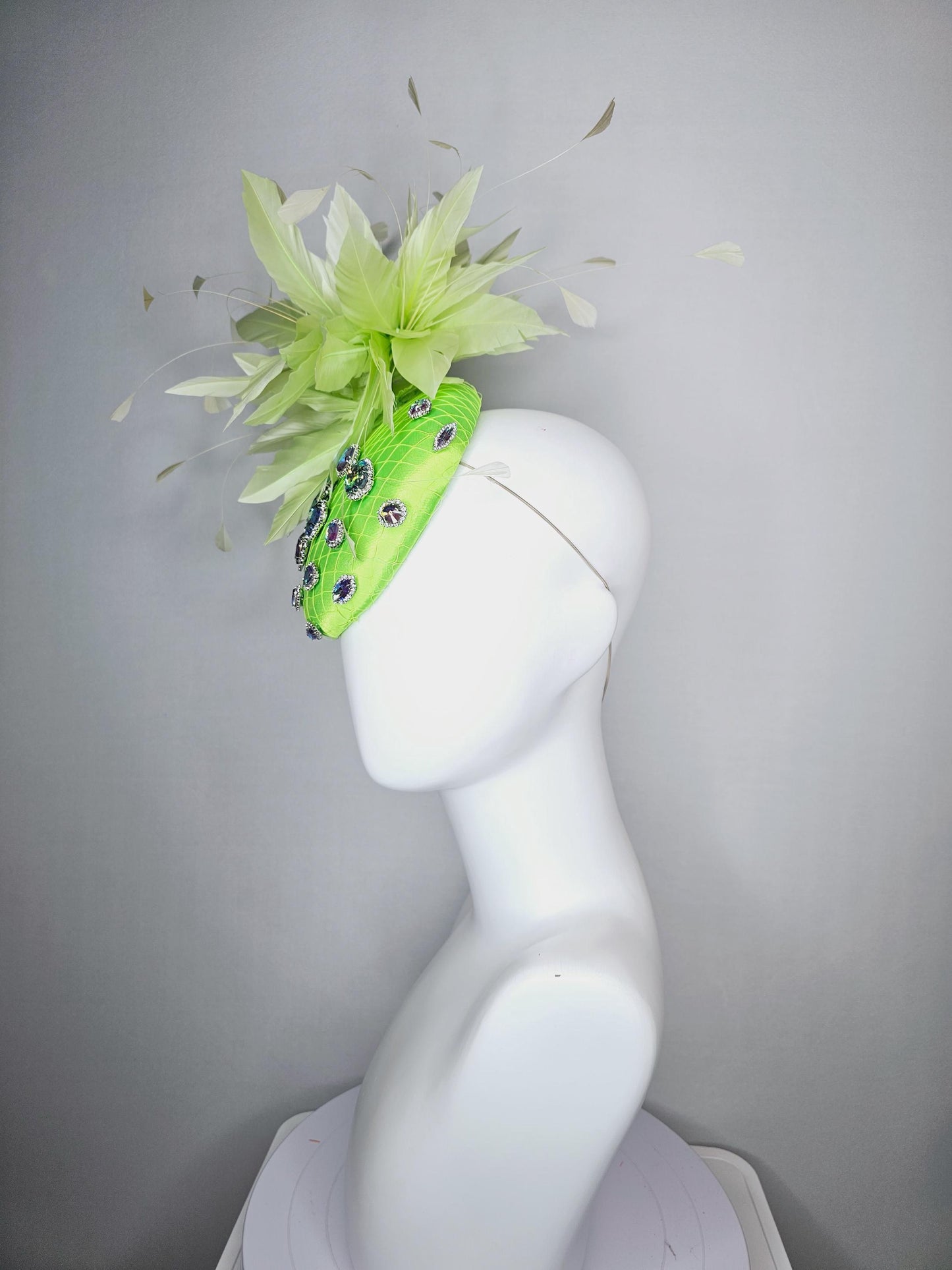kentucky derby hat fascinator lime neon green satin with netting and green iridescent crystal rhinestone beaded fluffy light green feathers