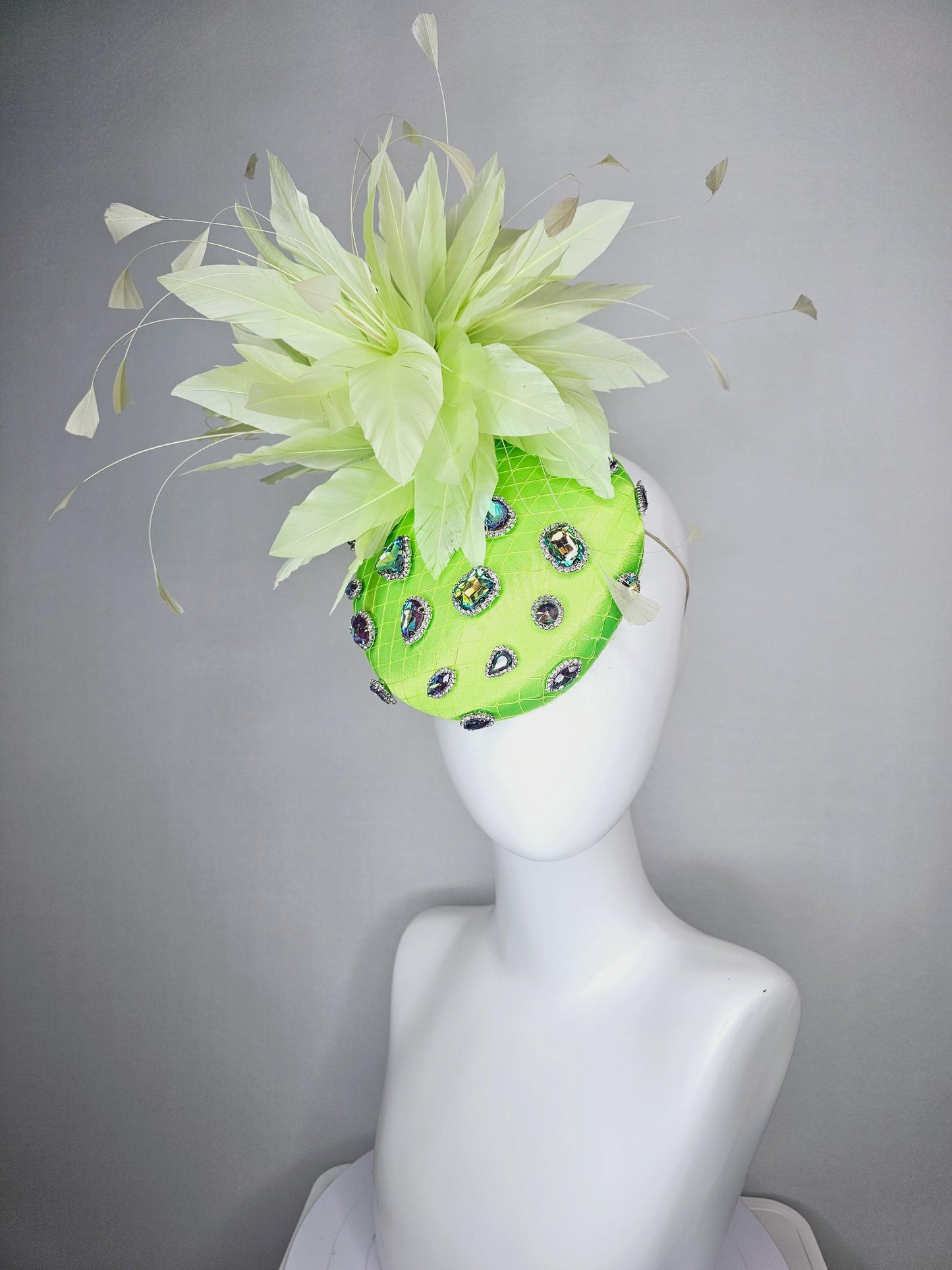 kentucky derby hat fascinator lime neon green satin with netting and green iridescent crystal rhinestone beaded fluffy light green feathers