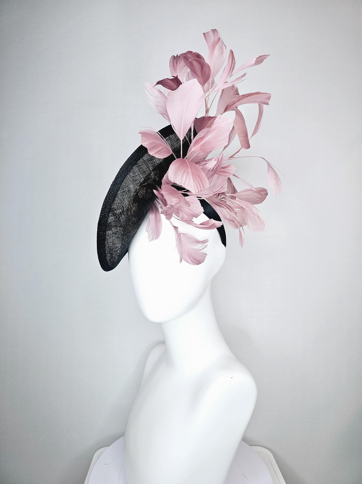 kentucky derby hat fascinator black sinamay saucer with embroidered yellow gold flowers and dusty rose pink branching feathers