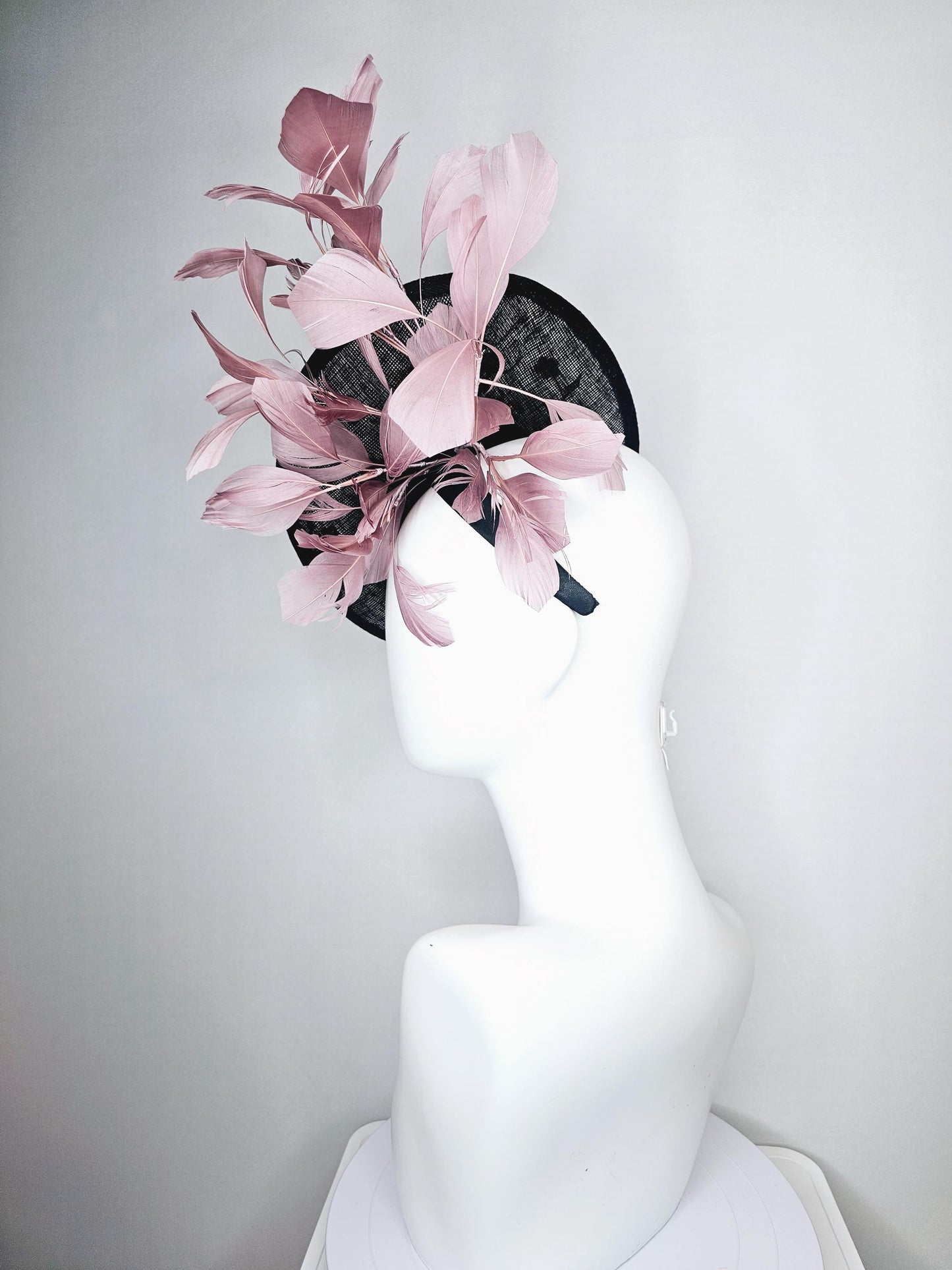 kentucky derby hat fascinator black sinamay saucer with embroidered yellow gold flowers and dusty rose pink branching feathers