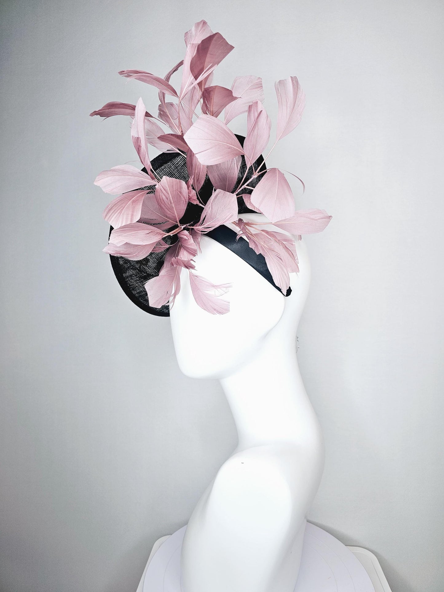 kentucky derby hat fascinator black sinamay saucer with embroidered yellow gold flowers and dusty rose pink branching feathers