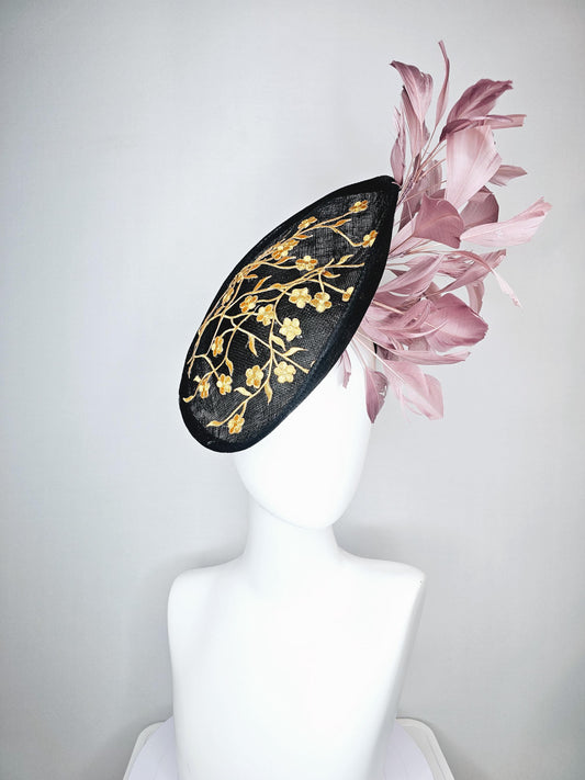 kentucky derby hat fascinator black sinamay saucer with embroidered yellow gold flowers and dusty rose pink branching feathers