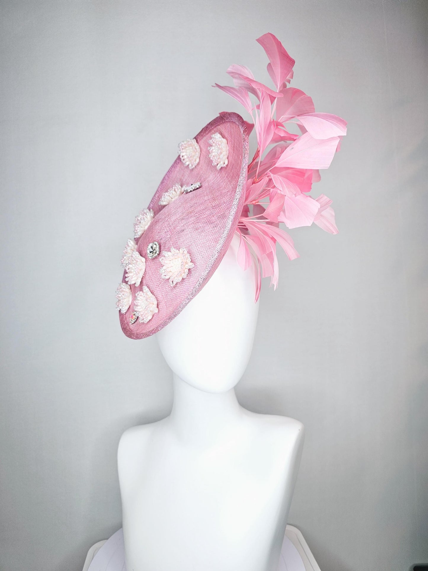 kentucky derby hat fascinator baby pink sinamay saucer with crystal jewel and light pink pearl beaded flowers pink branching feathers