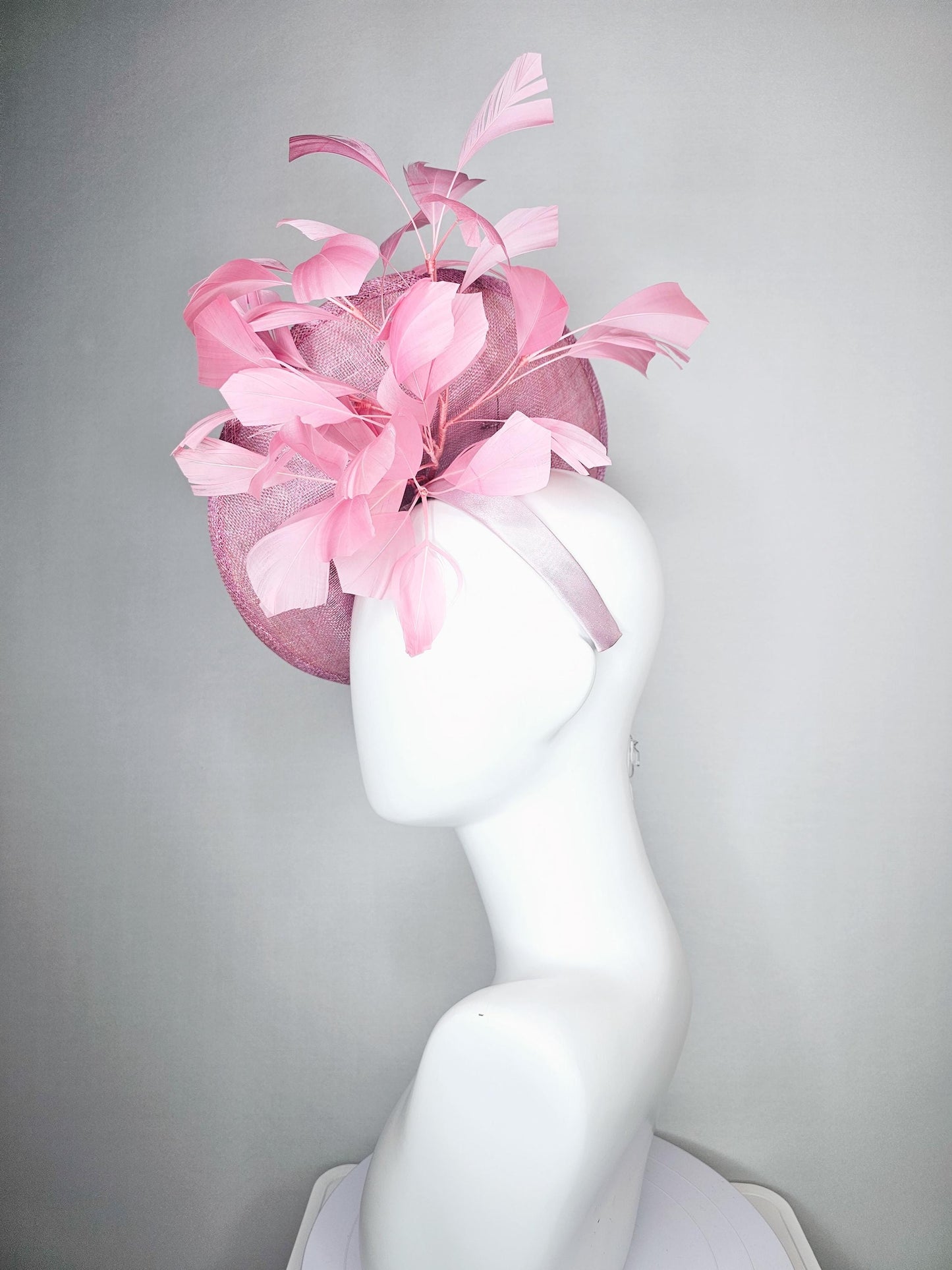 kentucky derby hat fascinator baby pink sinamay saucer with crystal jewel and light pink pearl beaded flowers pink branching feathers