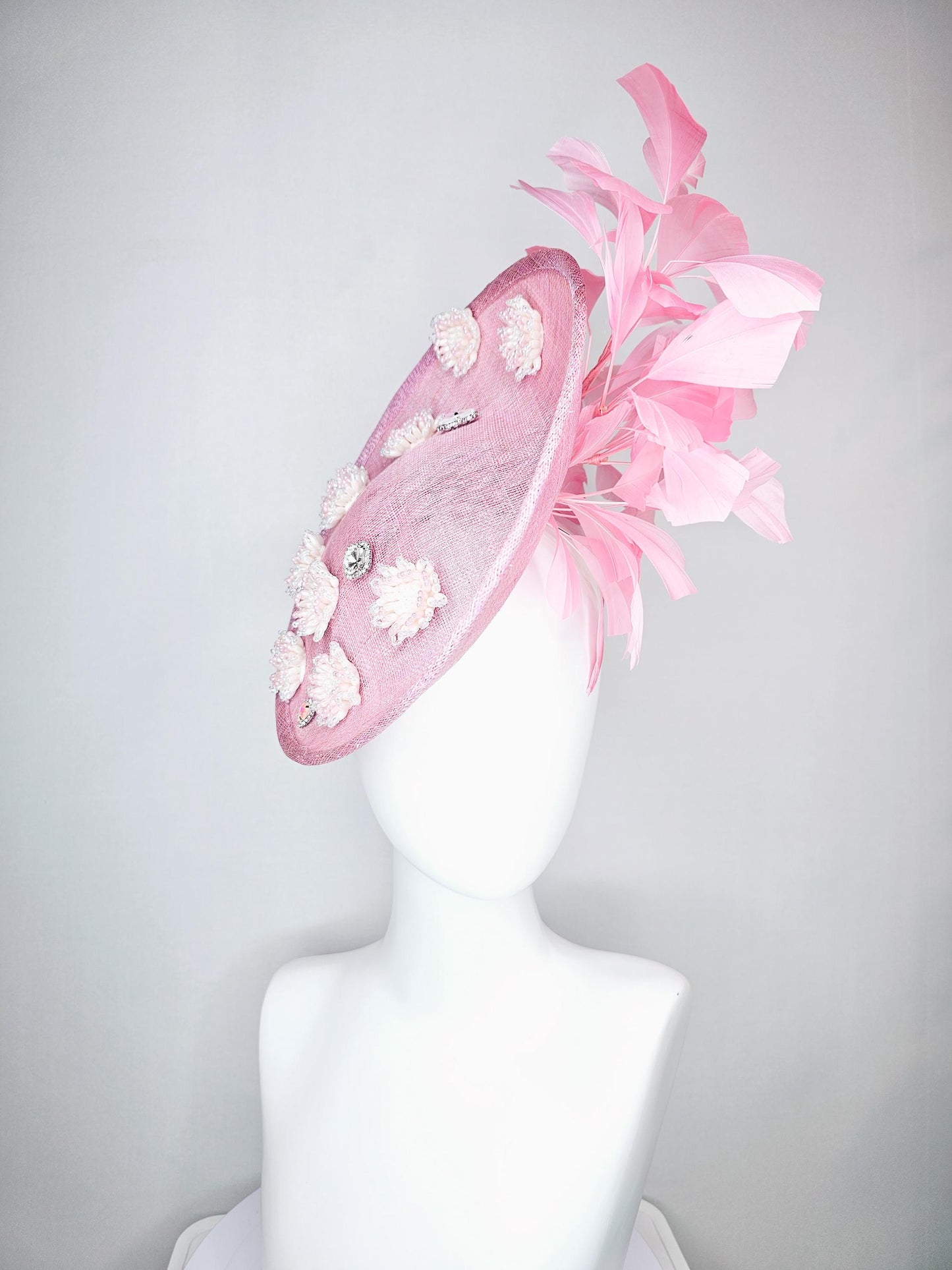 kentucky derby hat fascinator baby pink sinamay saucer with crystal jewel and light pink pearl beaded flowers pink branching feathers