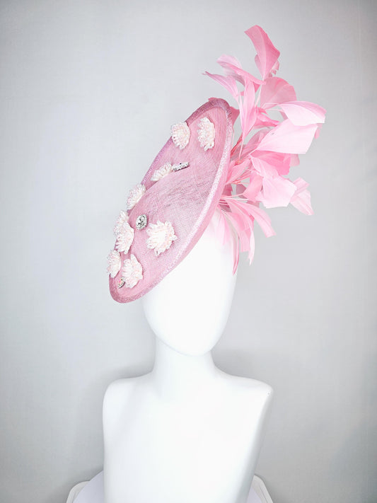 kentucky derby hat fascinator baby pink sinamay saucer with crystal jewel and light pink pearl beaded flowers pink branching feathers