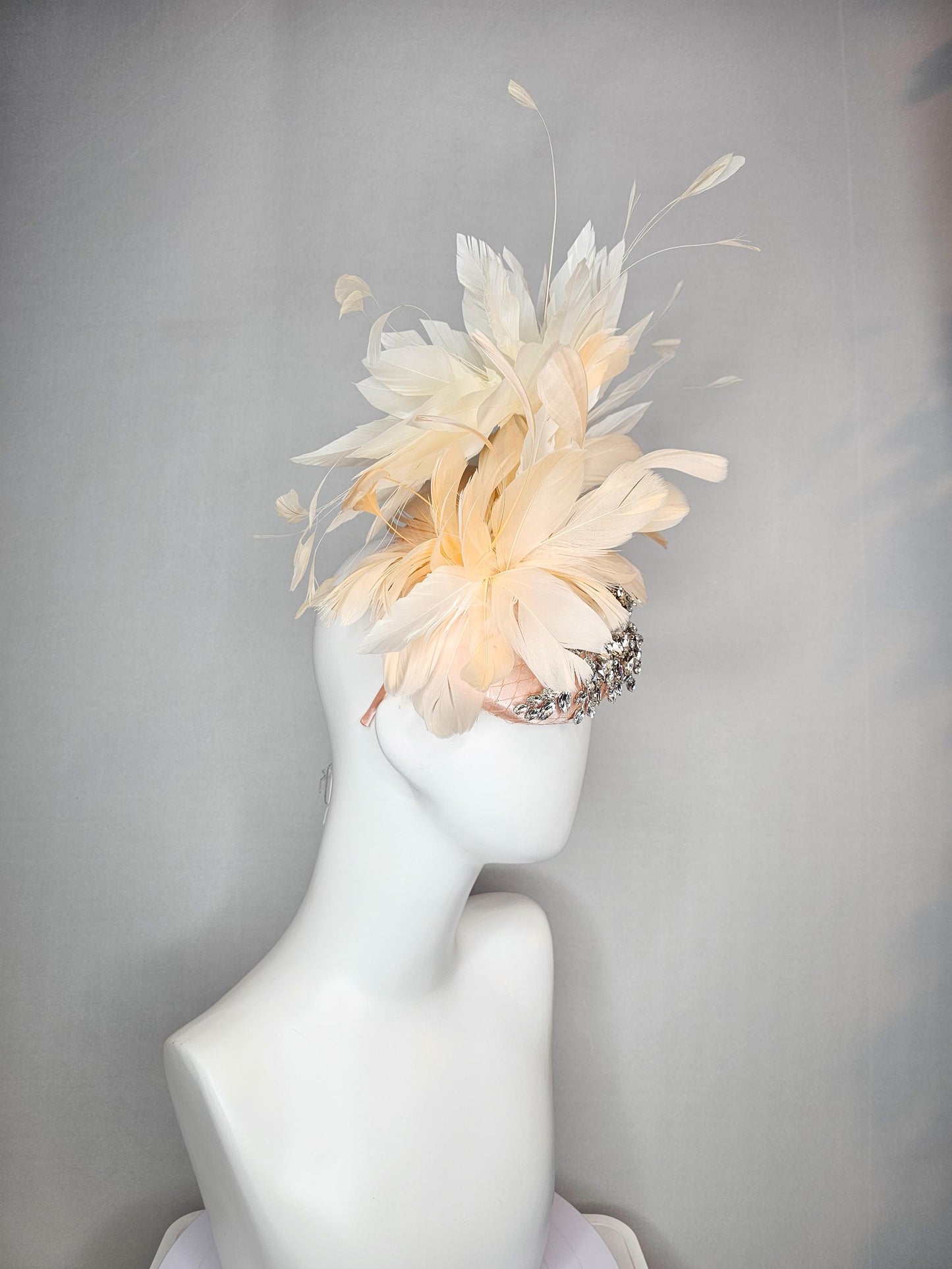 kentucky derby hat fascinator neutral champagne beige with netting satin with leaf vine crystal clear rhinestone cream beige feathers