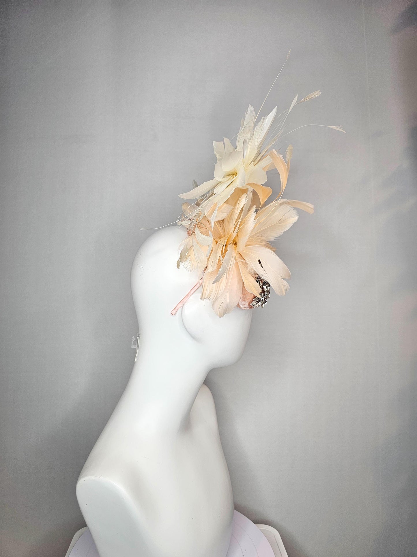 kentucky derby hat fascinator neutral champagne beige with netting satin with leaf vine crystal clear rhinestone cream beige feathers
