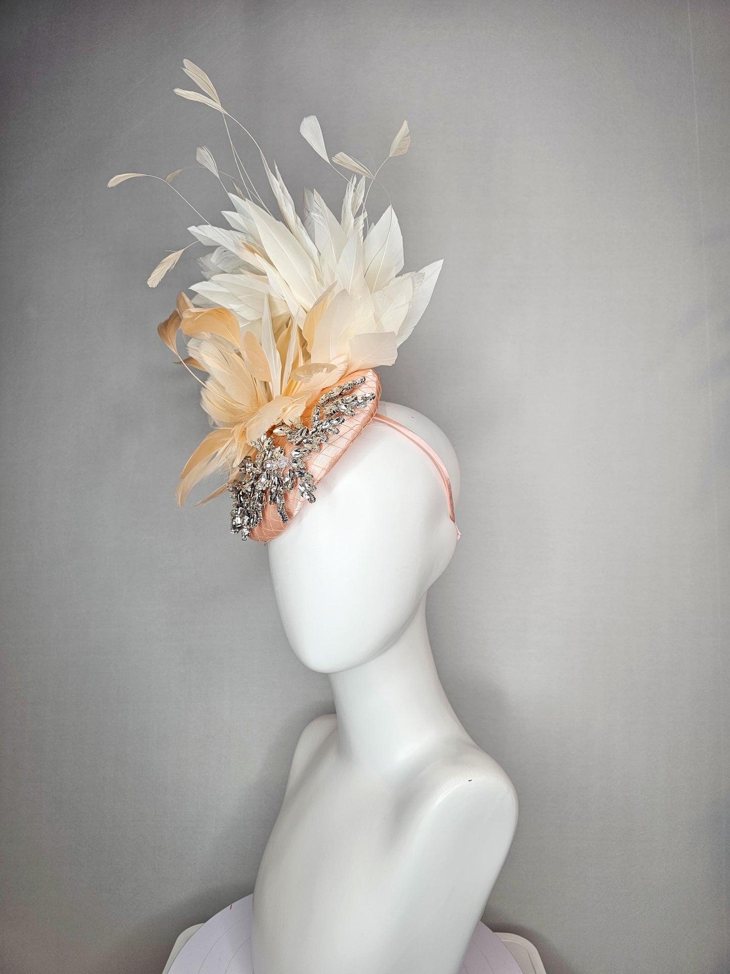 kentucky derby hat fascinator neutral champagne beige with netting satin with leaf vine crystal clear rhinestone cream beige feathers