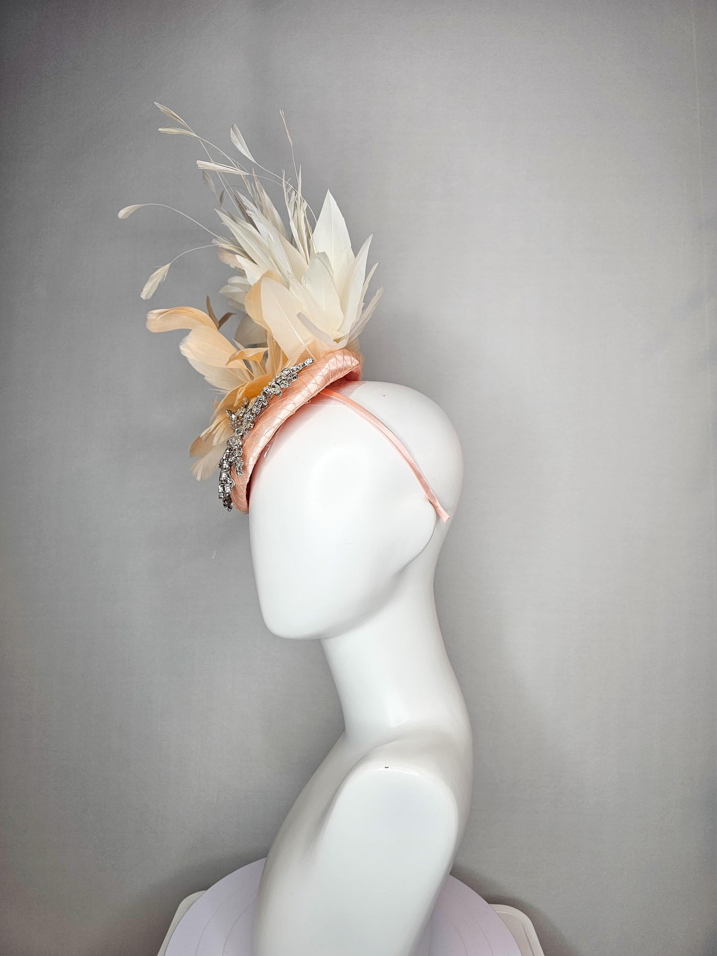 kentucky derby hat fascinator neutral champagne beige with netting satin with leaf vine crystal clear rhinestone cream beige feathers