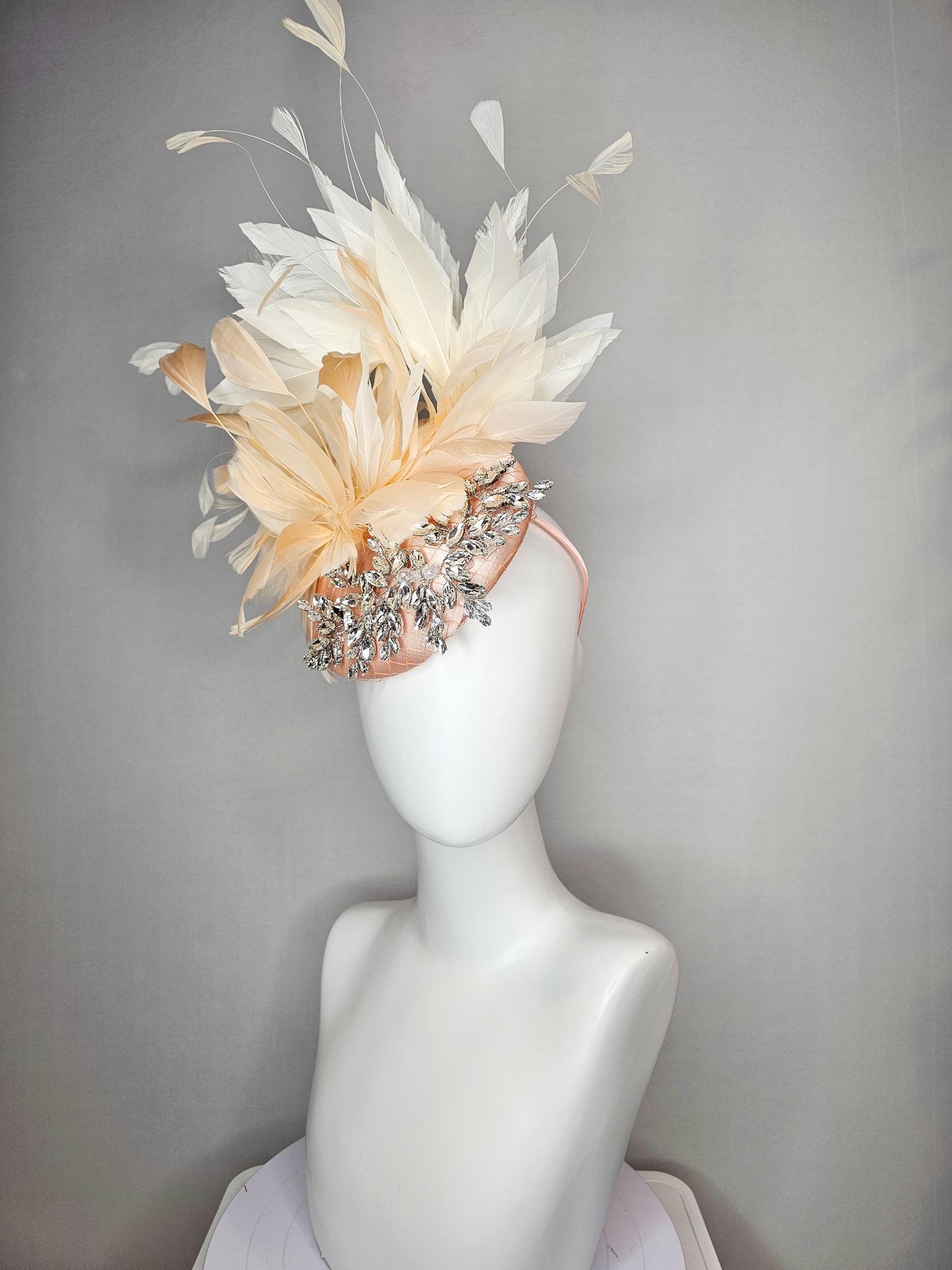 kentucky derby hat fascinator neutral champagne beige with netting satin with leaf vine crystal clear rhinestone cream beige feathers