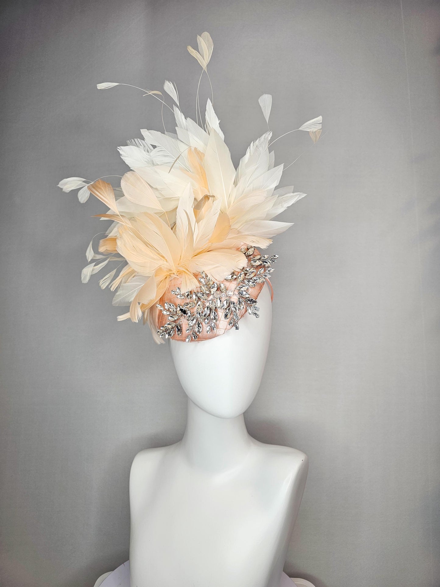 kentucky derby hat fascinator neutral champagne beige with netting satin with leaf vine crystal clear rhinestone cream beige feathers