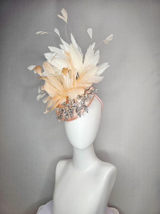 kentucky derby hat fascinator neutral champagne beige with netting satin with leaf vine crystal clear rhinestone cream beige feathers