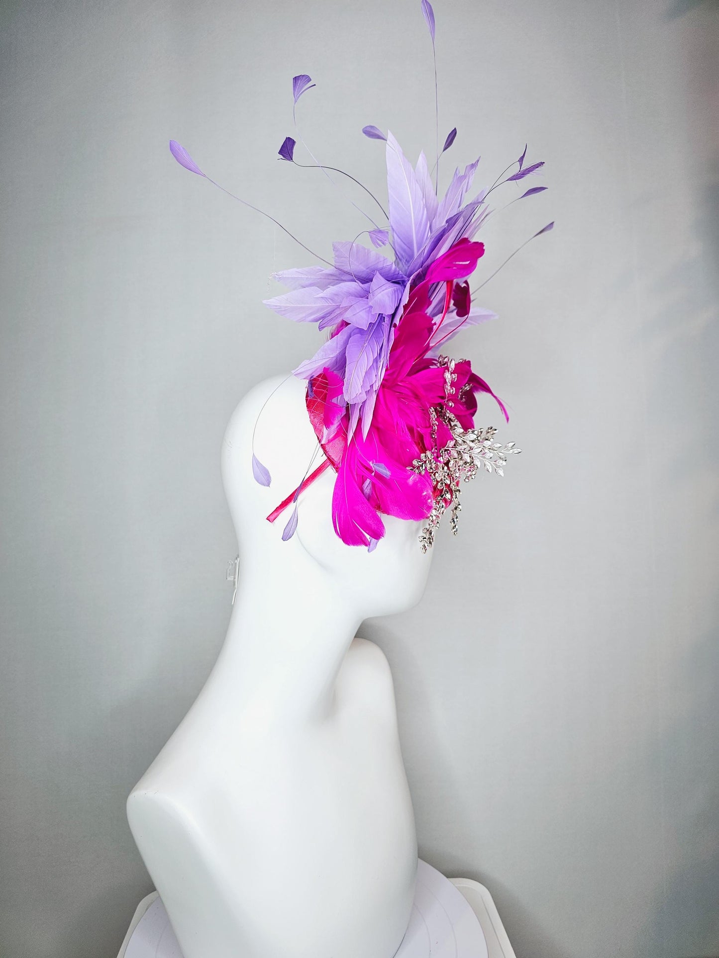 kentucky derby hat fascinator fuchsia pink satin with netting and leaf vine crystal clear embroidery fuchsia pink lavender purple feathers