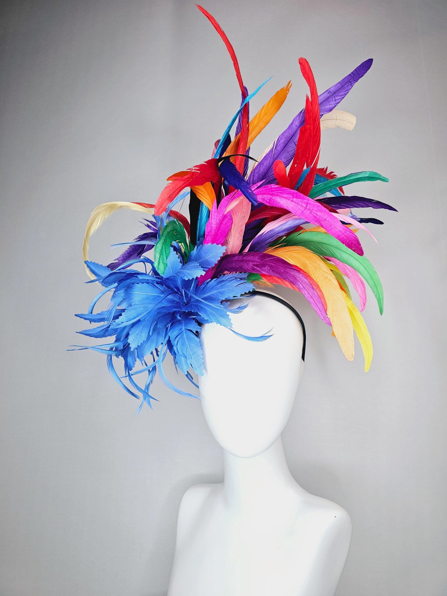 kentucky derby hat fascinator royal blue zigzag feather flower with colorful rainbow red pink purple yellow green branching feathers