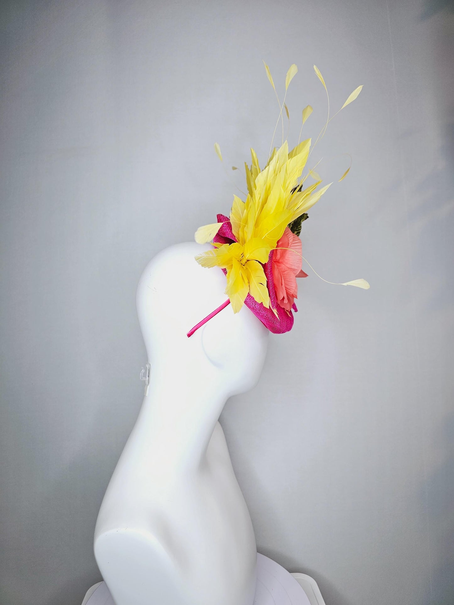 kentucky derby hat fascinator hot pink sinamay orange silk rose green velvet leaves bright yellow branching feathers