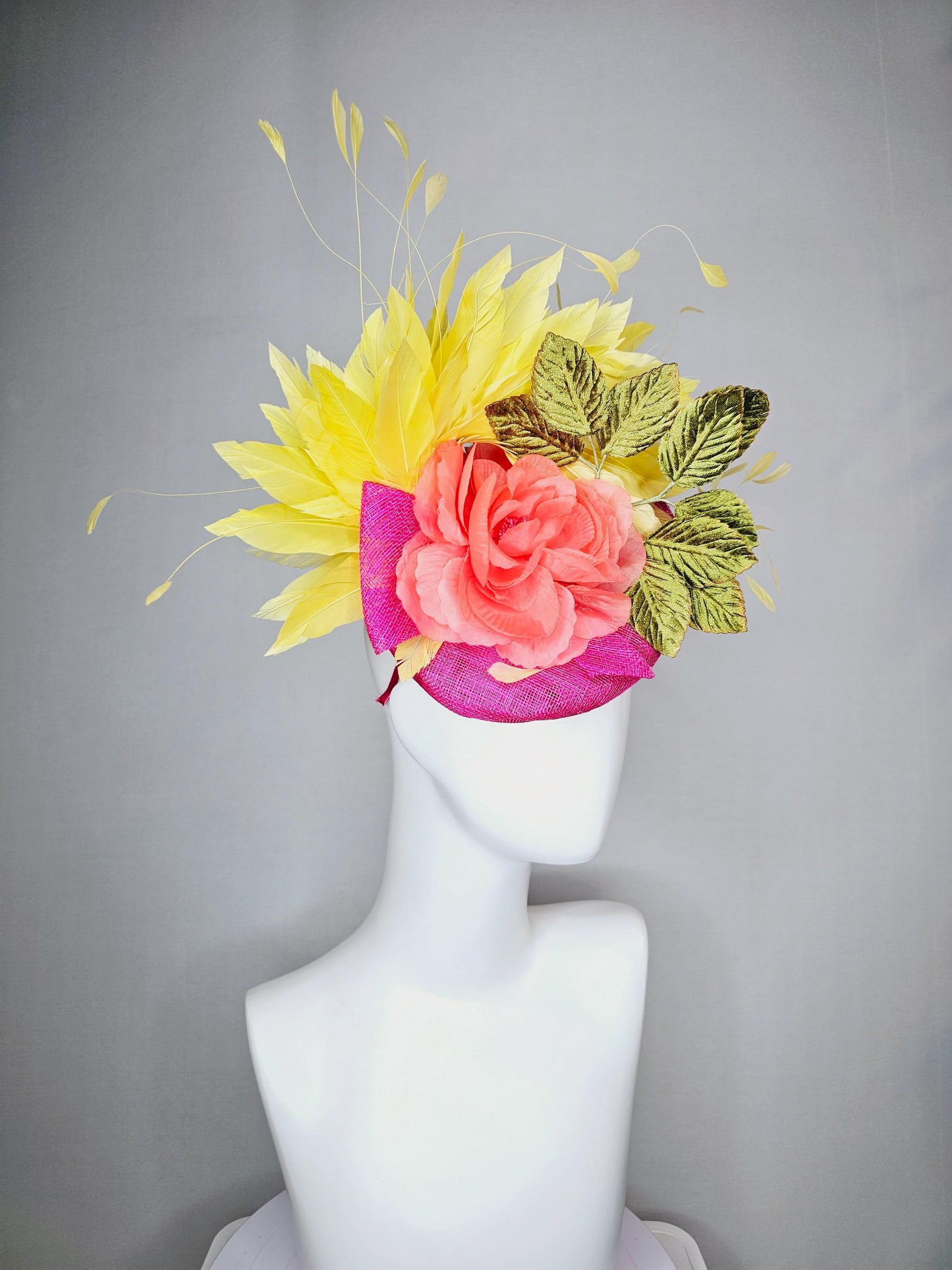 kentucky derby hat fascinator hot pink sinamay orange silk rose green velvet leaves bright yellow branching feathers
