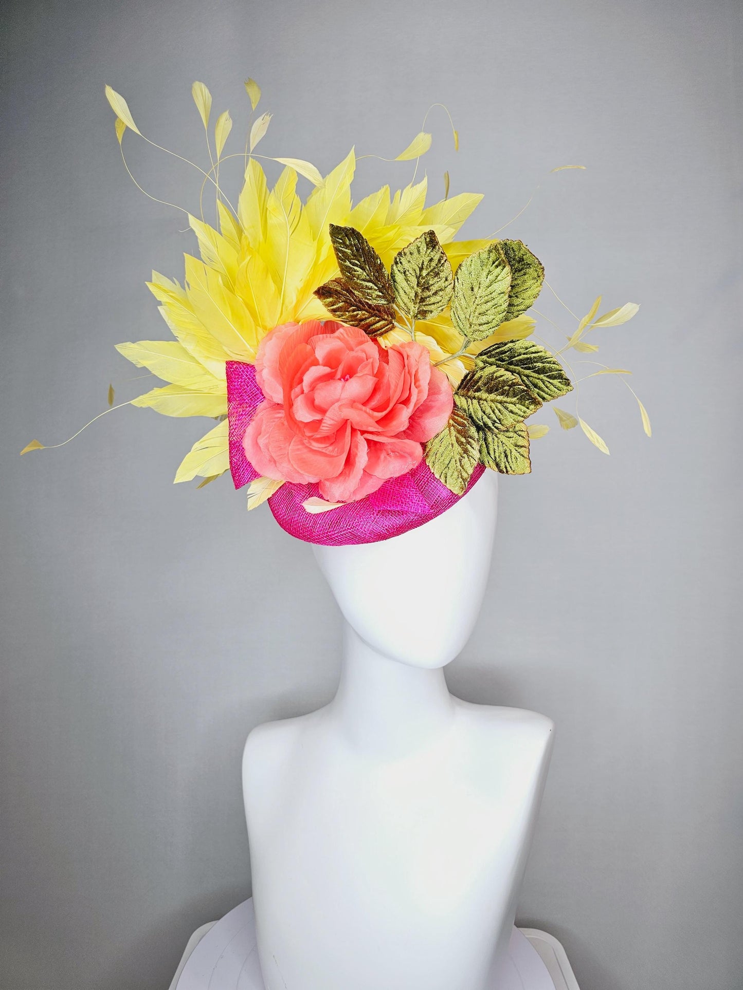 kentucky derby hat fascinator hot pink sinamay orange silk rose green velvet leaves bright yellow branching feathers