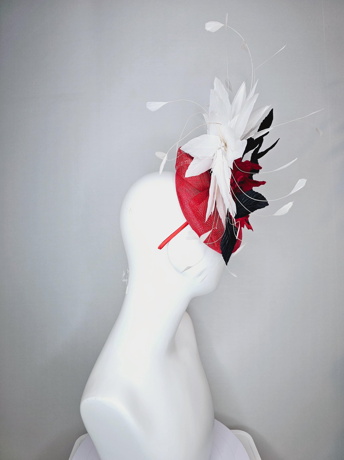 kentucky derby hat fascinator scarlet red sinamay base,silk cherry red rose black velvet feathers and white branching feathers