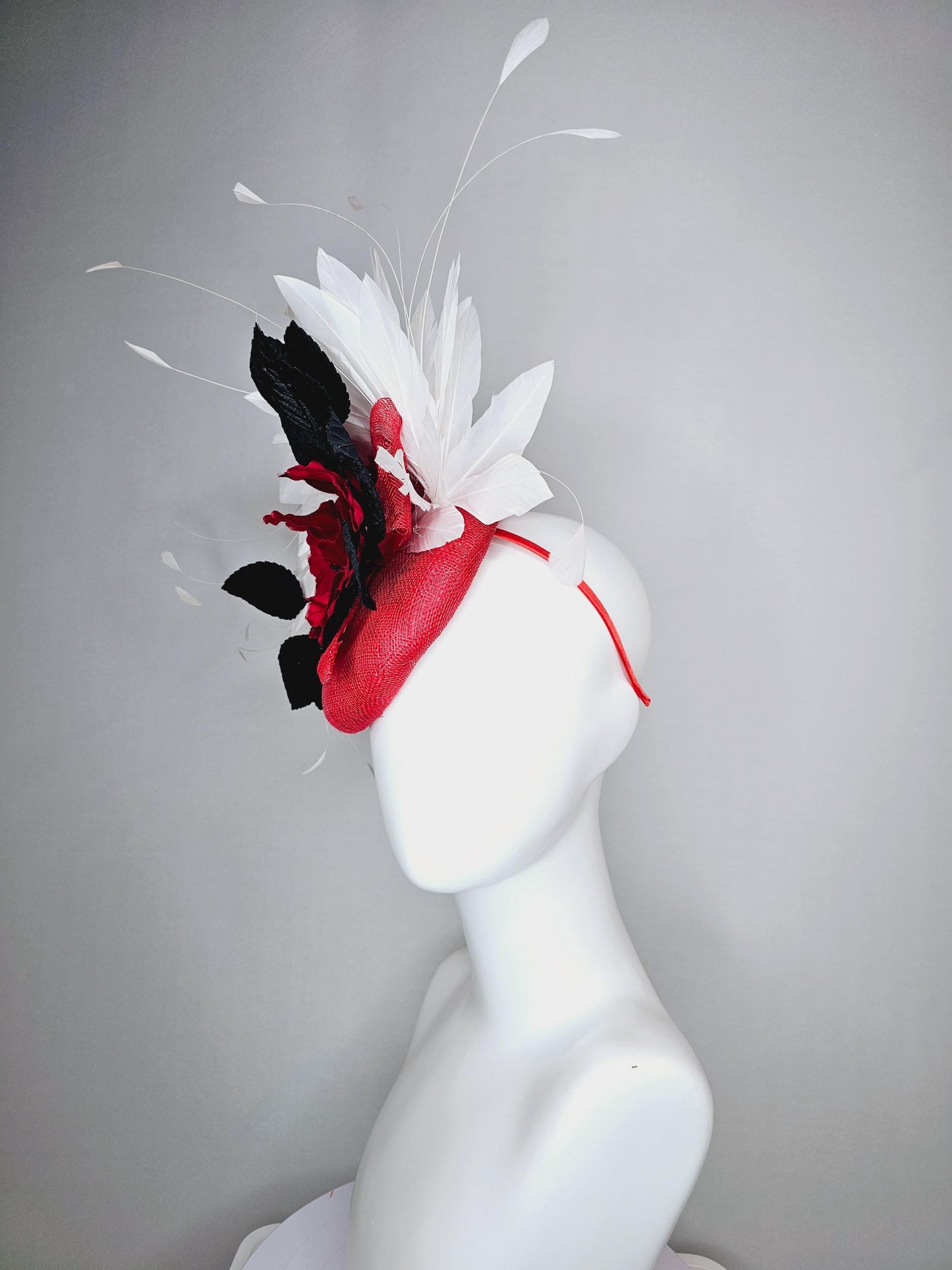 kentucky derby hat fascinator scarlet red sinamay base,silk cherry red rose black velvet feathers and white branching feathers