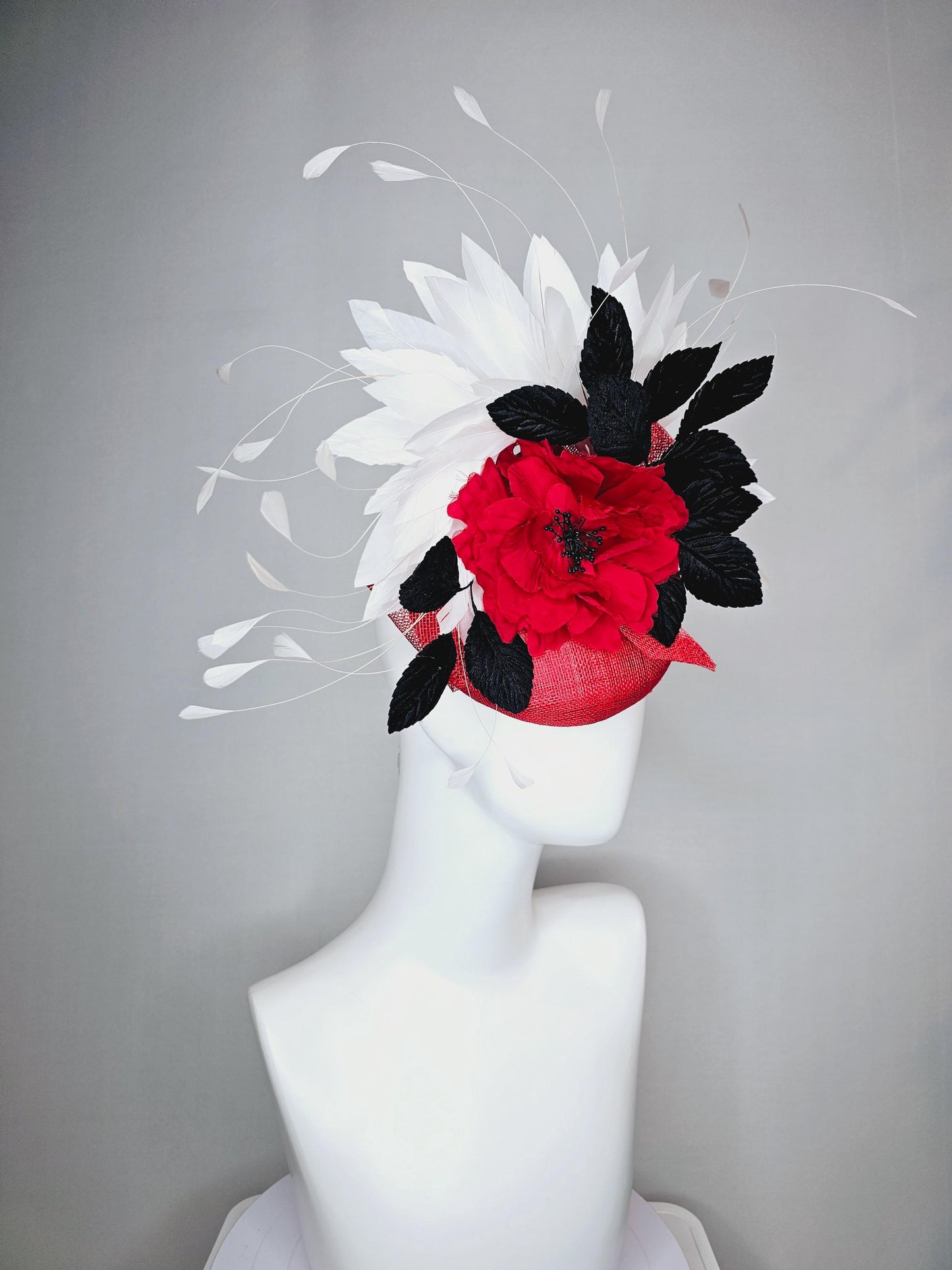 kentucky derby hat fascinator scarlet red sinamay base,silk cherry red rose black velvet feathers and white branching feathers