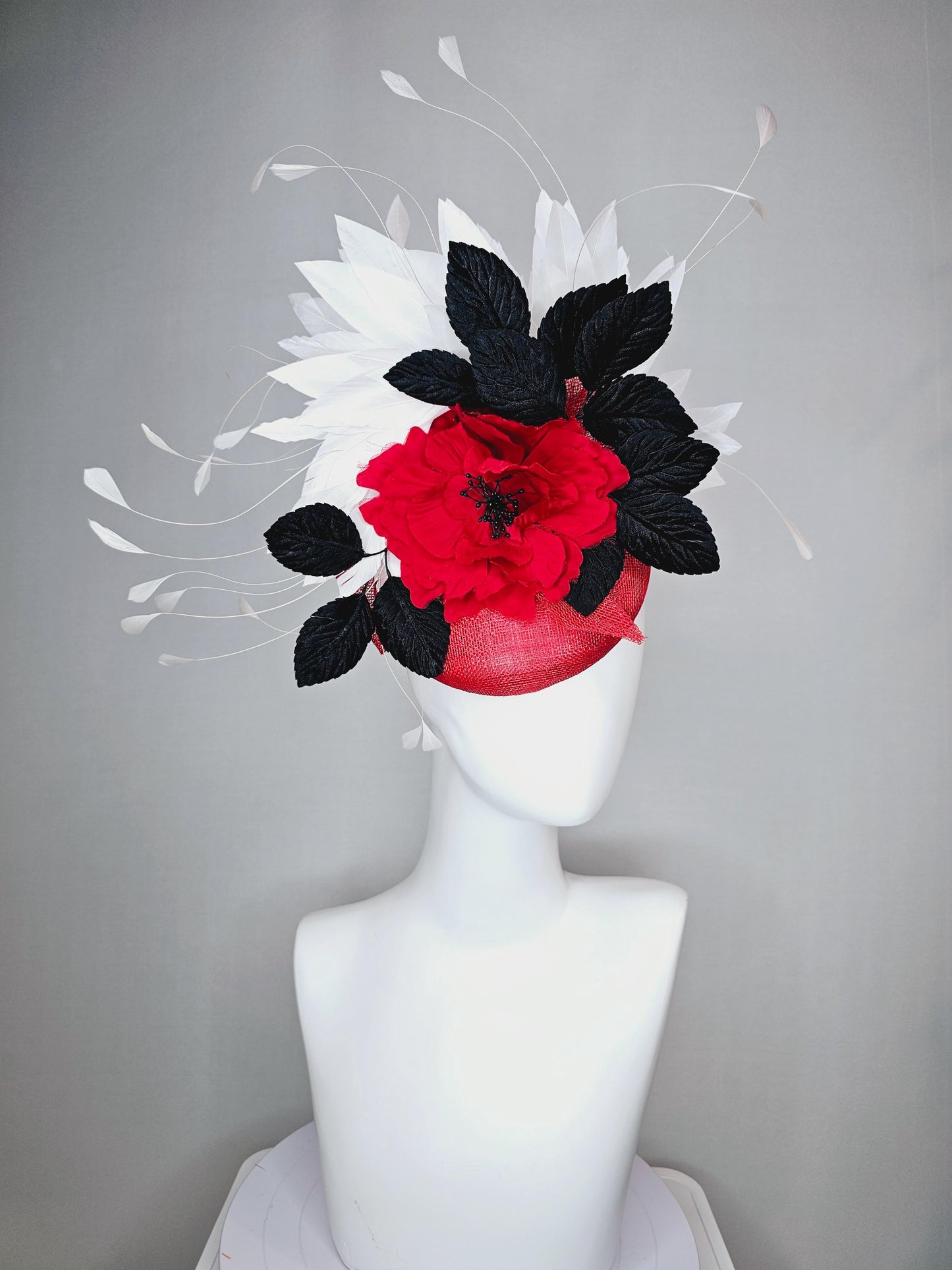 kentucky derby hat fascinator scarlet red sinamay base,silk cherry red rose black velvet feathers and white branching feathers