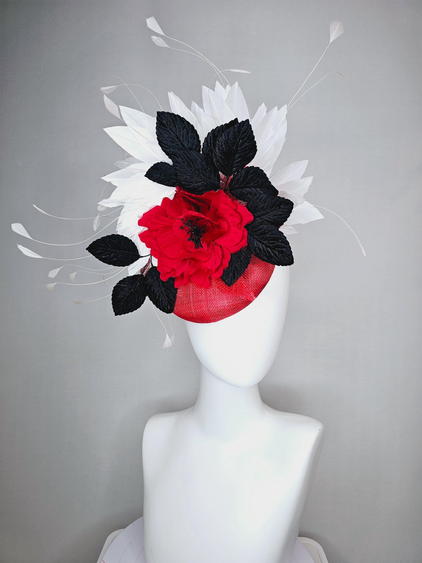 kentucky derby hat fascinator scarlet red sinamay base,silk cherry red rose black velvet feathers and white branching feathers